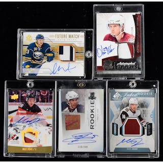 Lot of (5) signed serial #ed rookie relic hockey cards (NM-NM/MT)