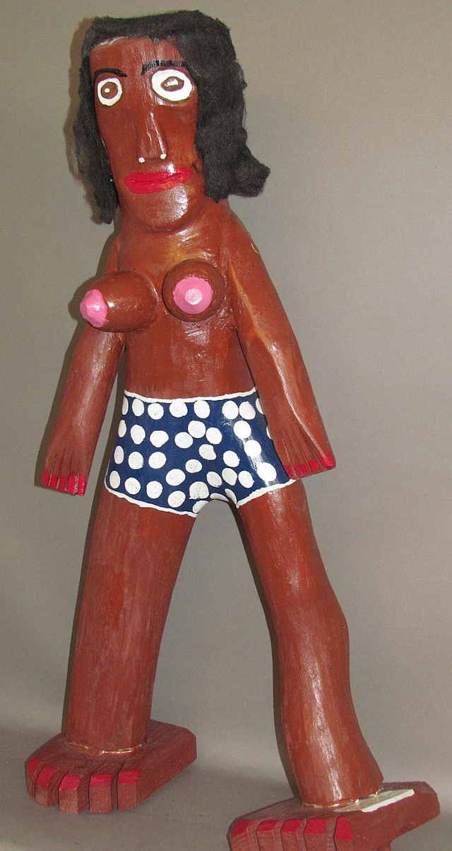 "Outsider" painted wood topless dancer sculpture