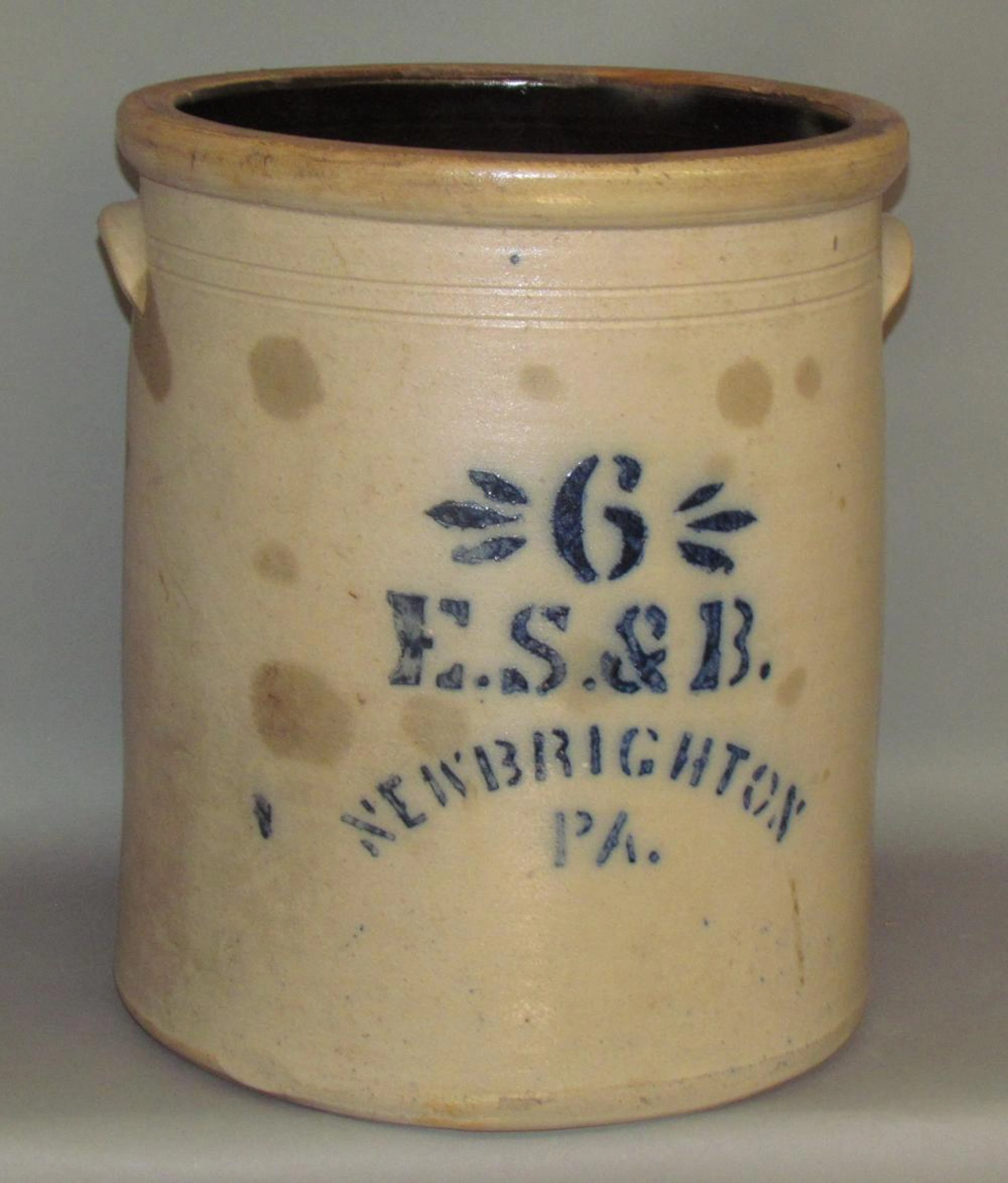 6 gallon cobalt decorated "ES&B" crock