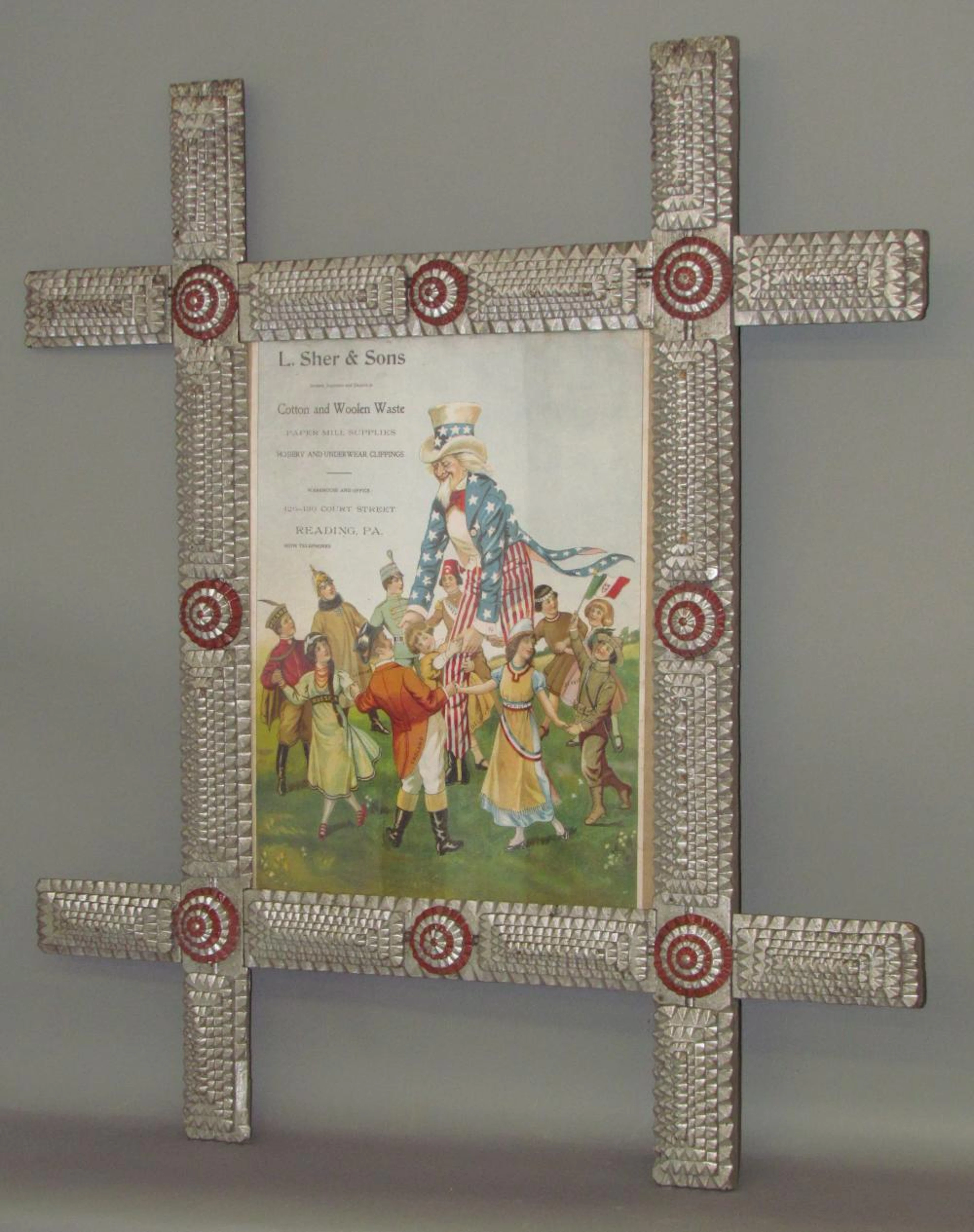 Fine "Uncle Sam" trade advertising poster in tramp art frame