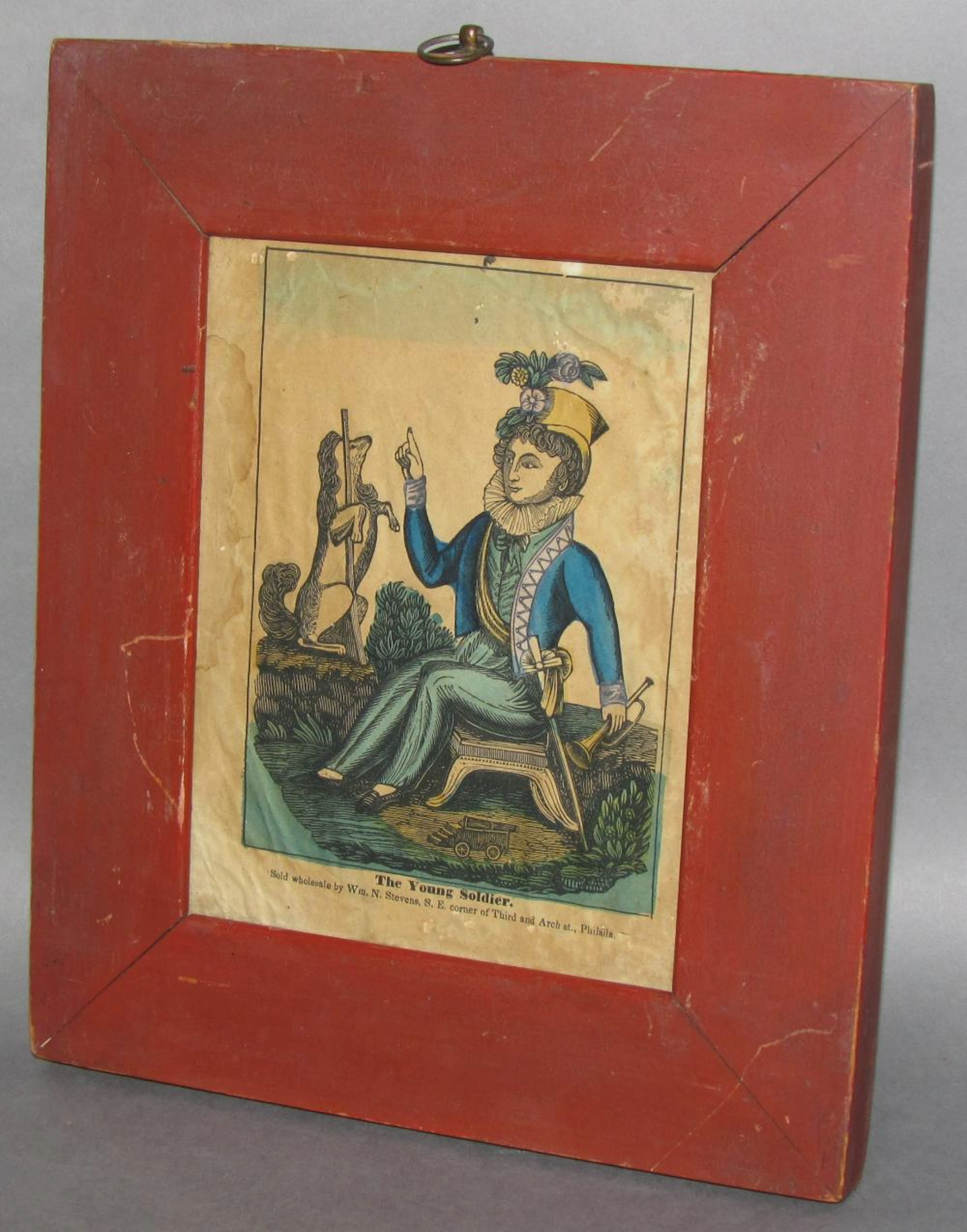 Framed early colorized "The Young Soldier" broadside print