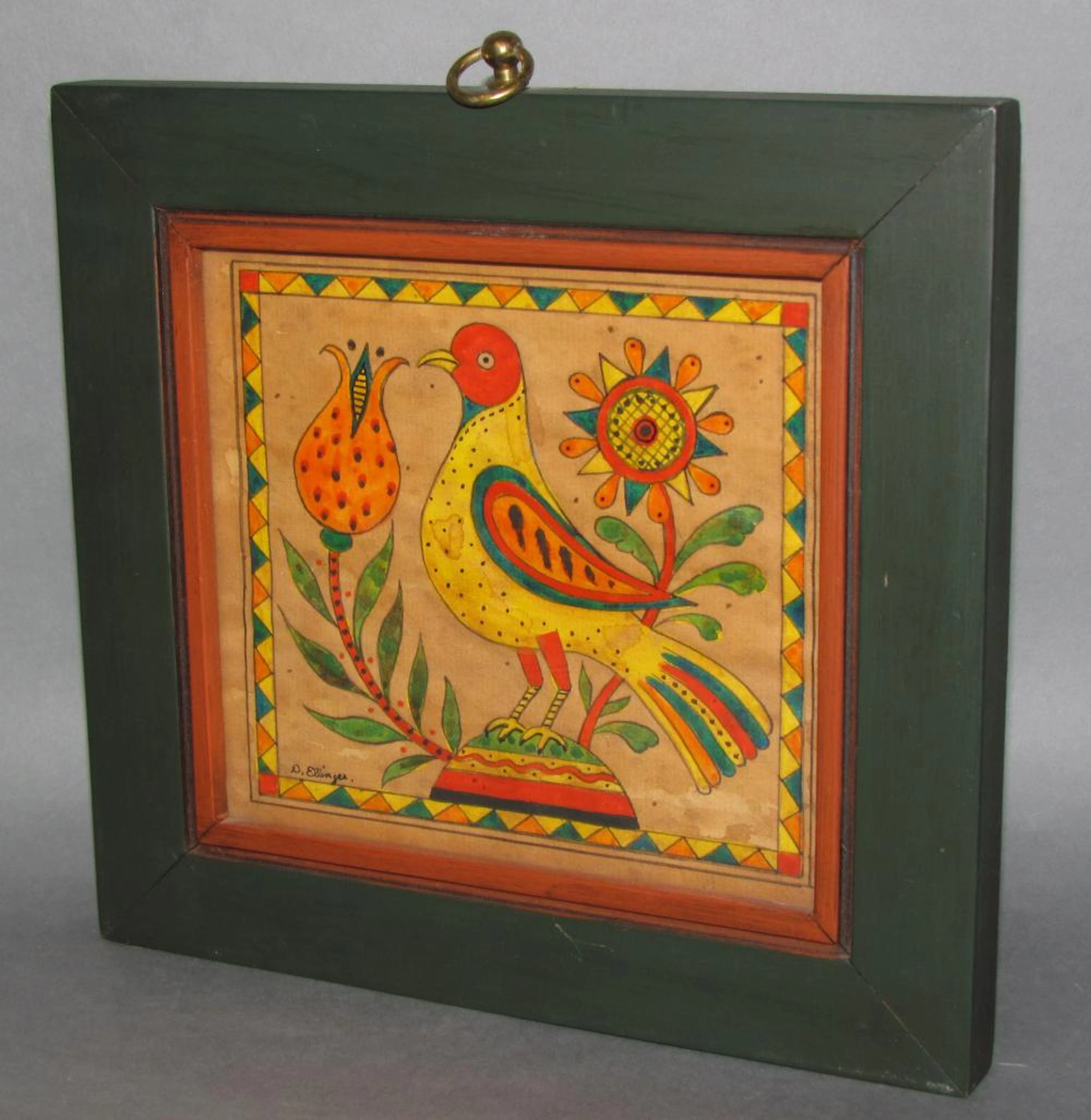 Small framed folk art watercolor bird and flowers by David Ellinger