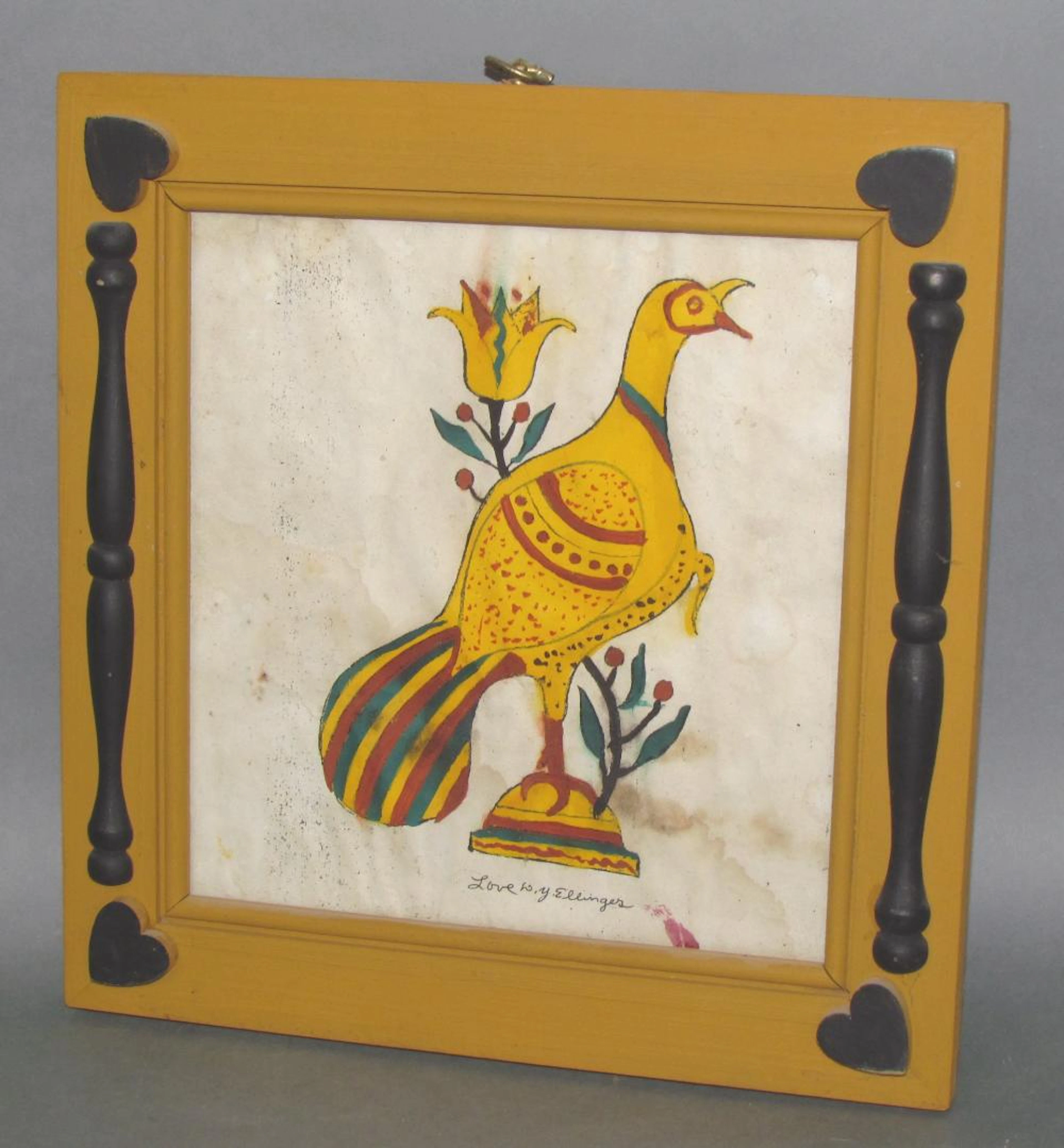 Framed folk art watercolor & ink block print by David Y. Ellinger
