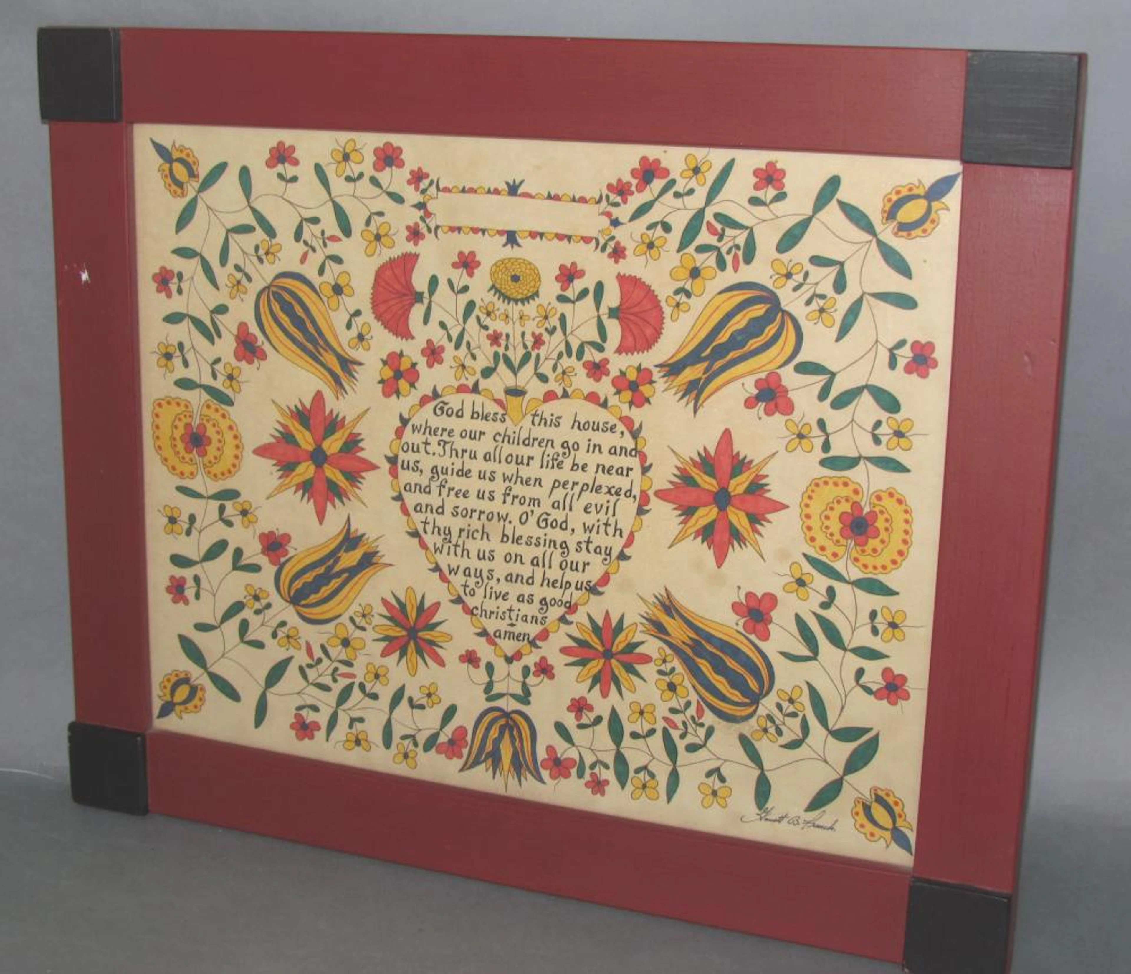 Framed ink & watercolor reproduction Fraktur by Garnett B. French