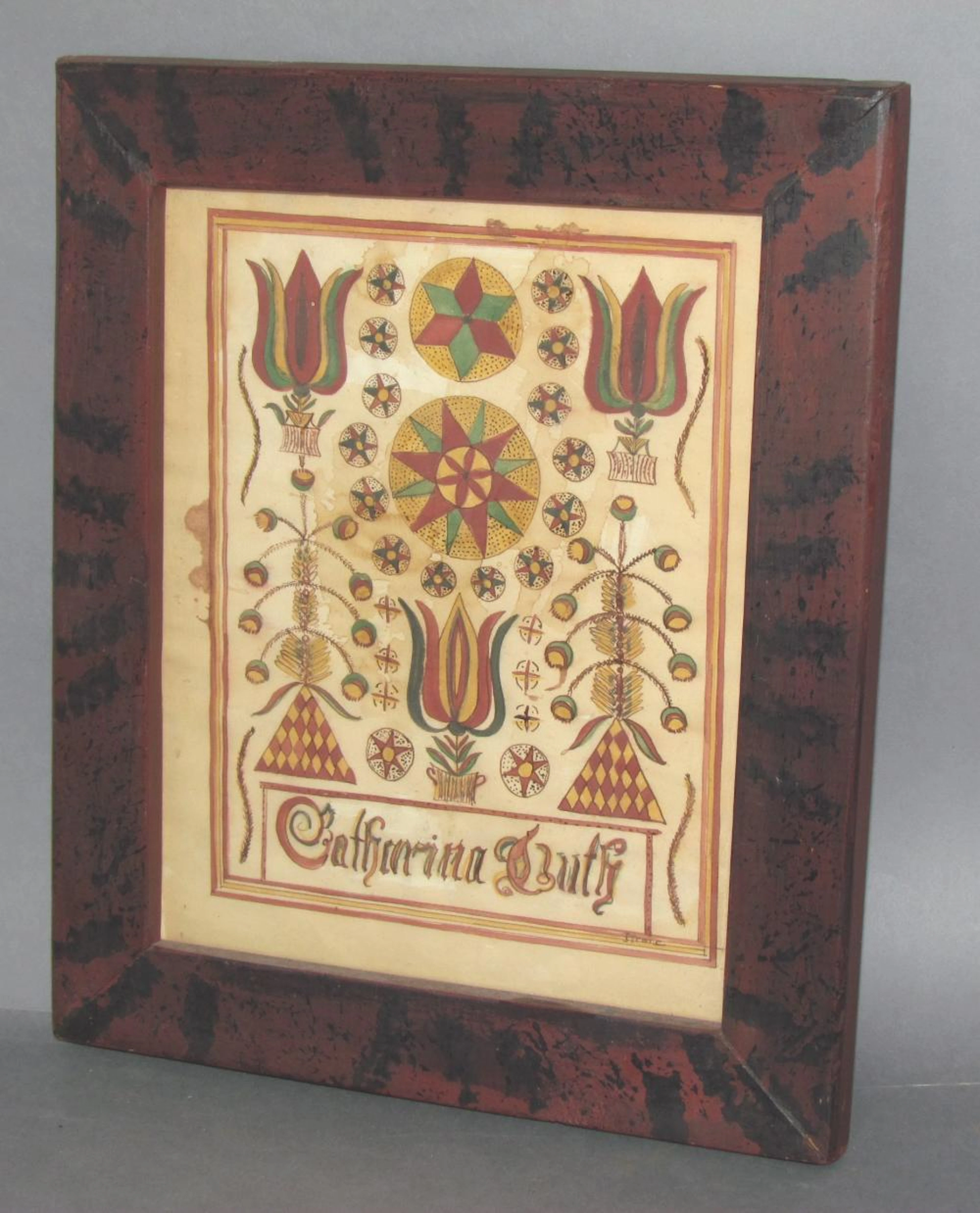 Framed reproduction Fraktur bookplate of Catharina Ruth