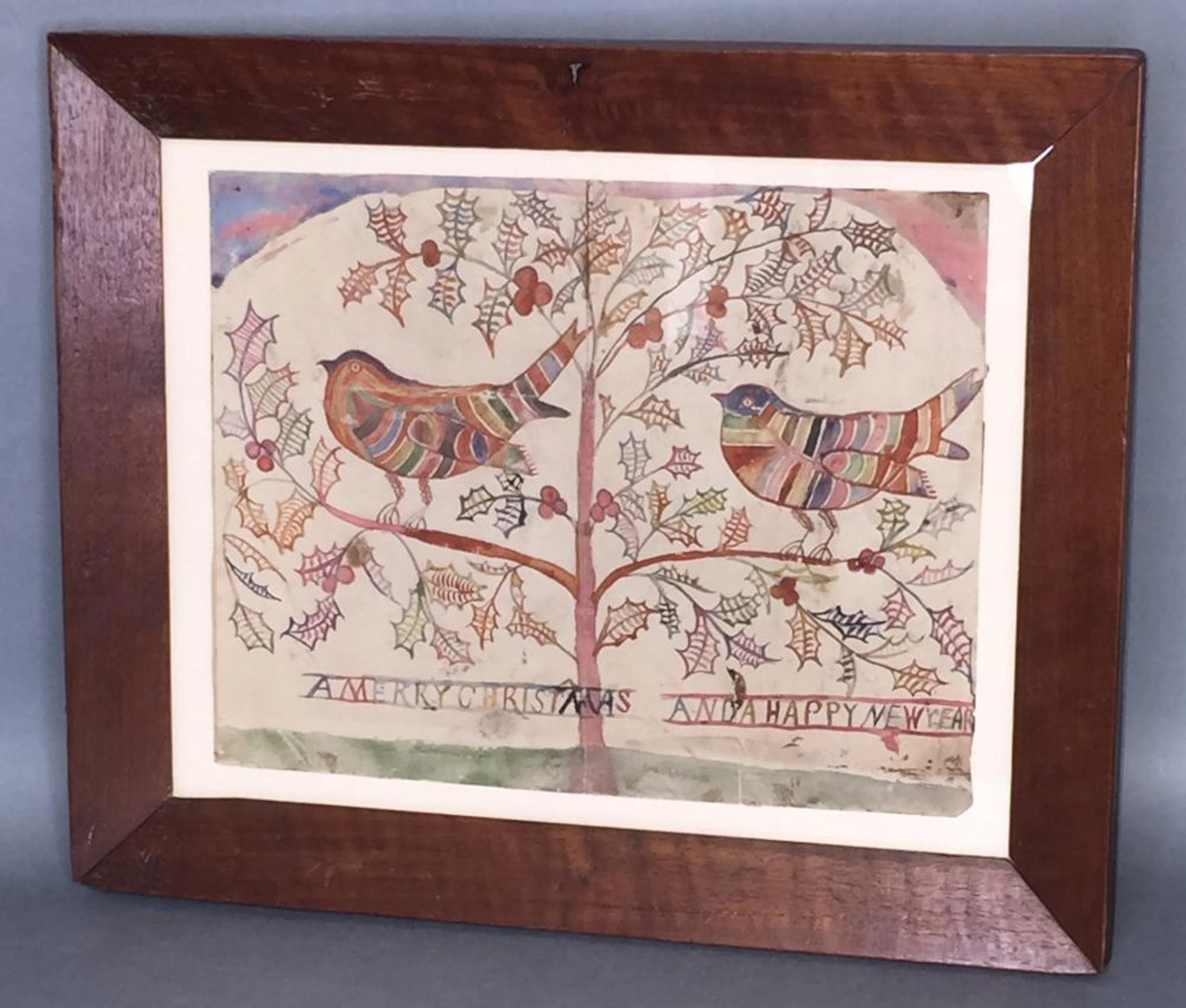 Framed watercolor "Christmas & New Years" Fraktur drawing
