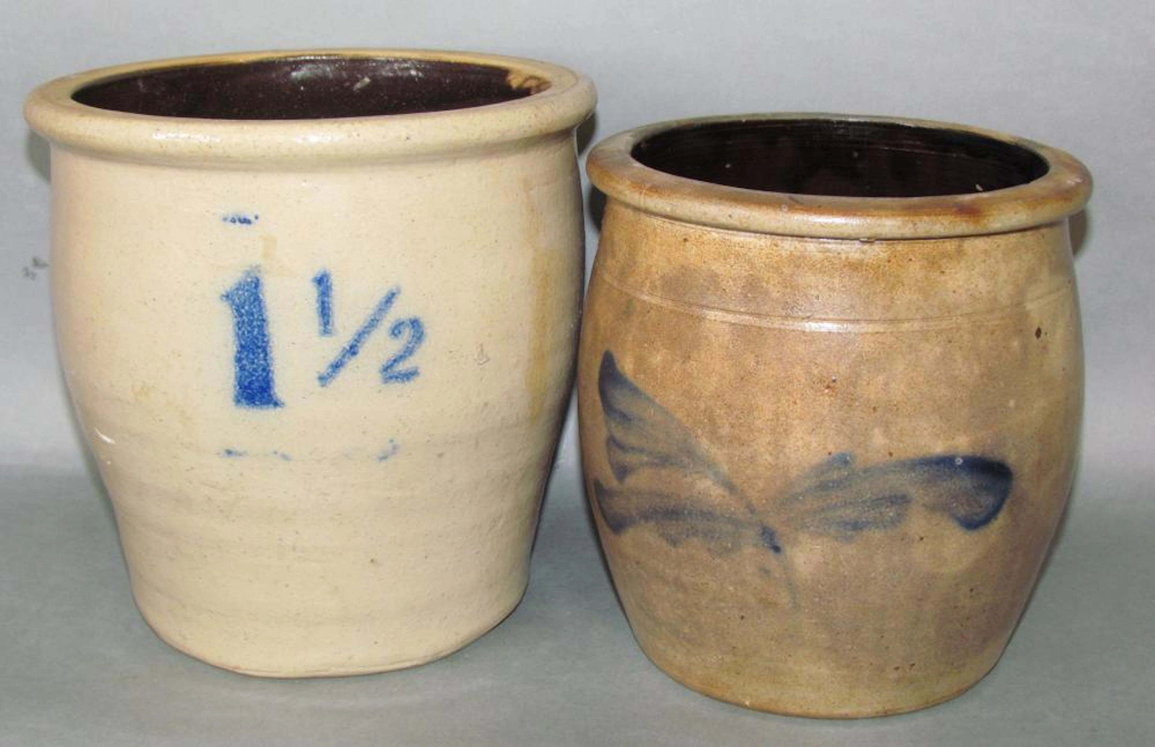 2 cobalt decorated stoneware cream crocks