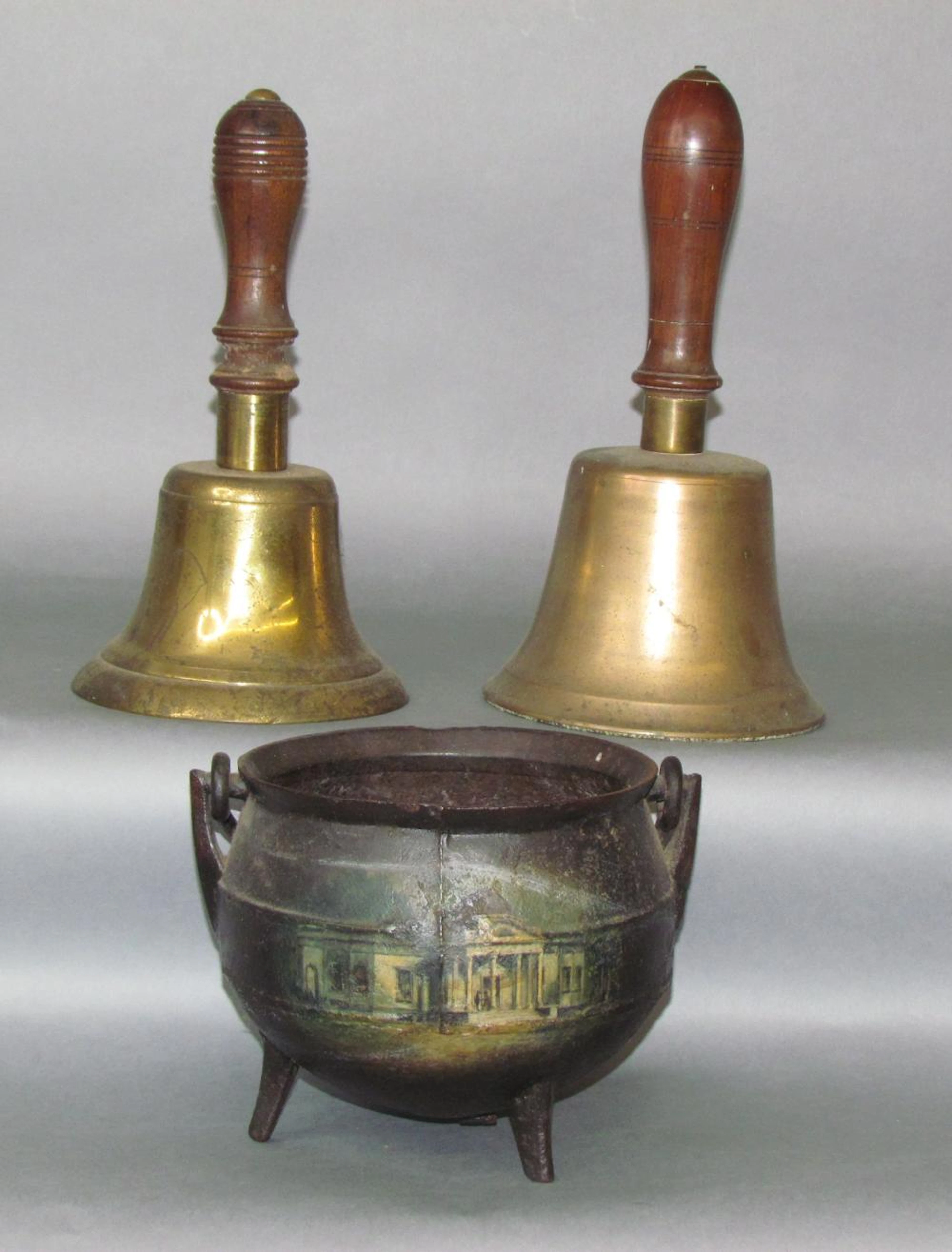 2 brass handbells & small footed iron gypsy kettle