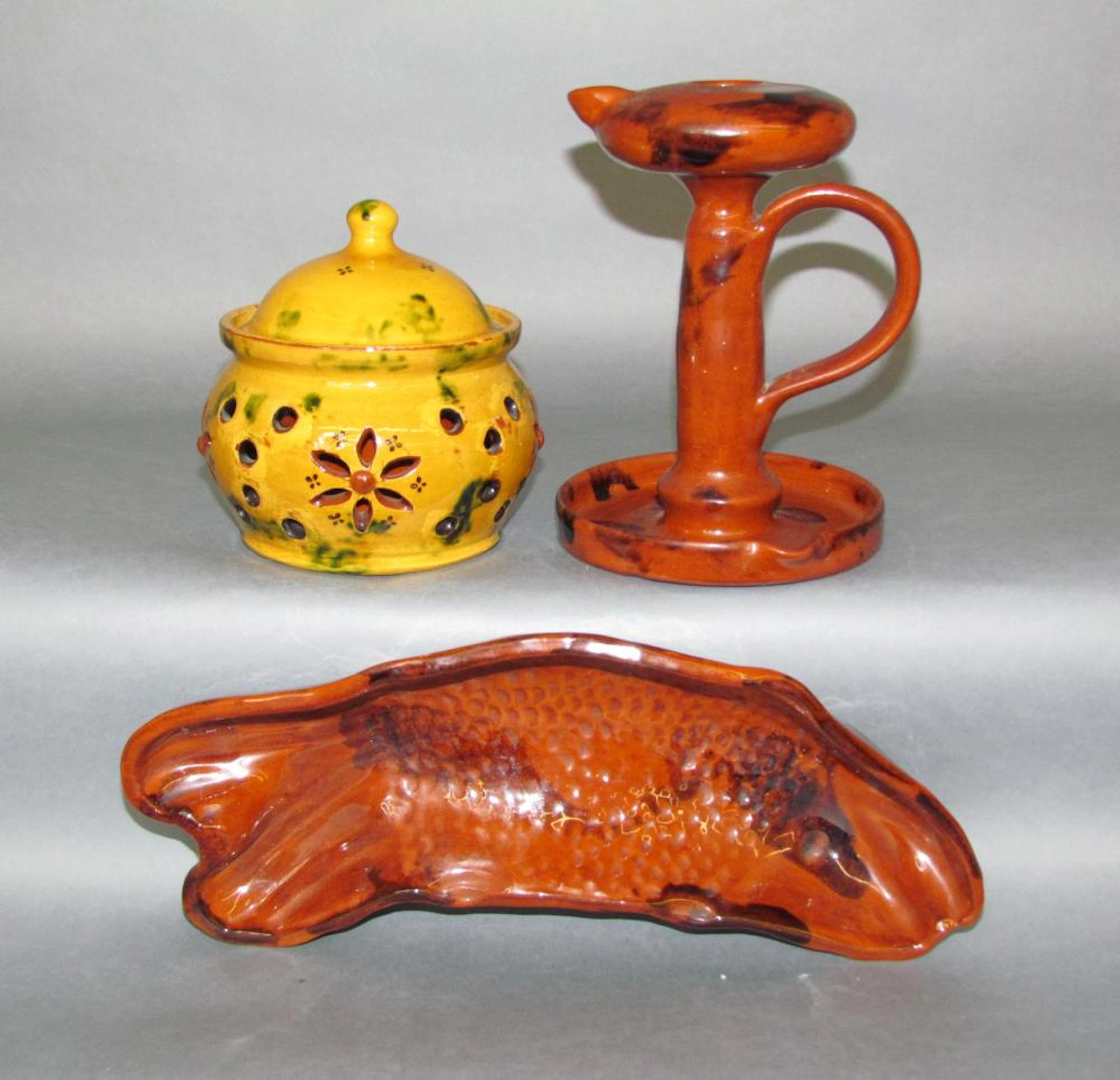 3 pieces of folk art redware by Breininger Pottery