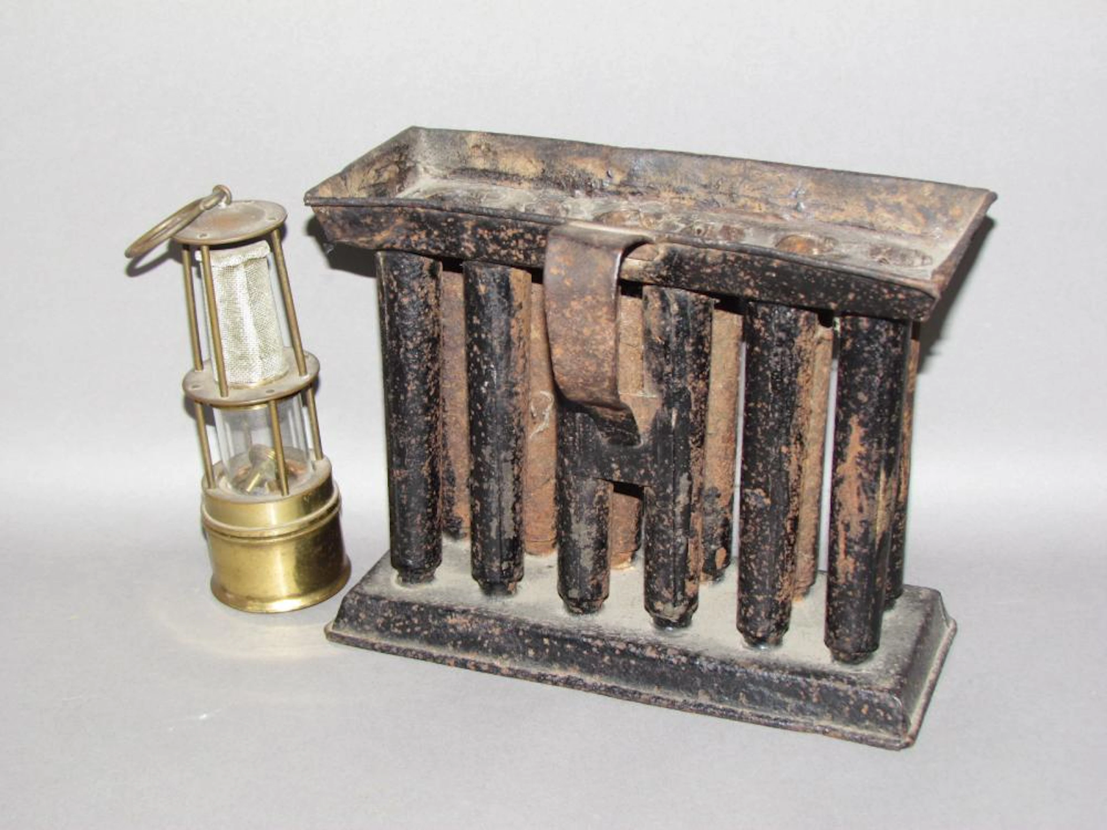 Tin candle mold & English Empire brass mine safety lamp