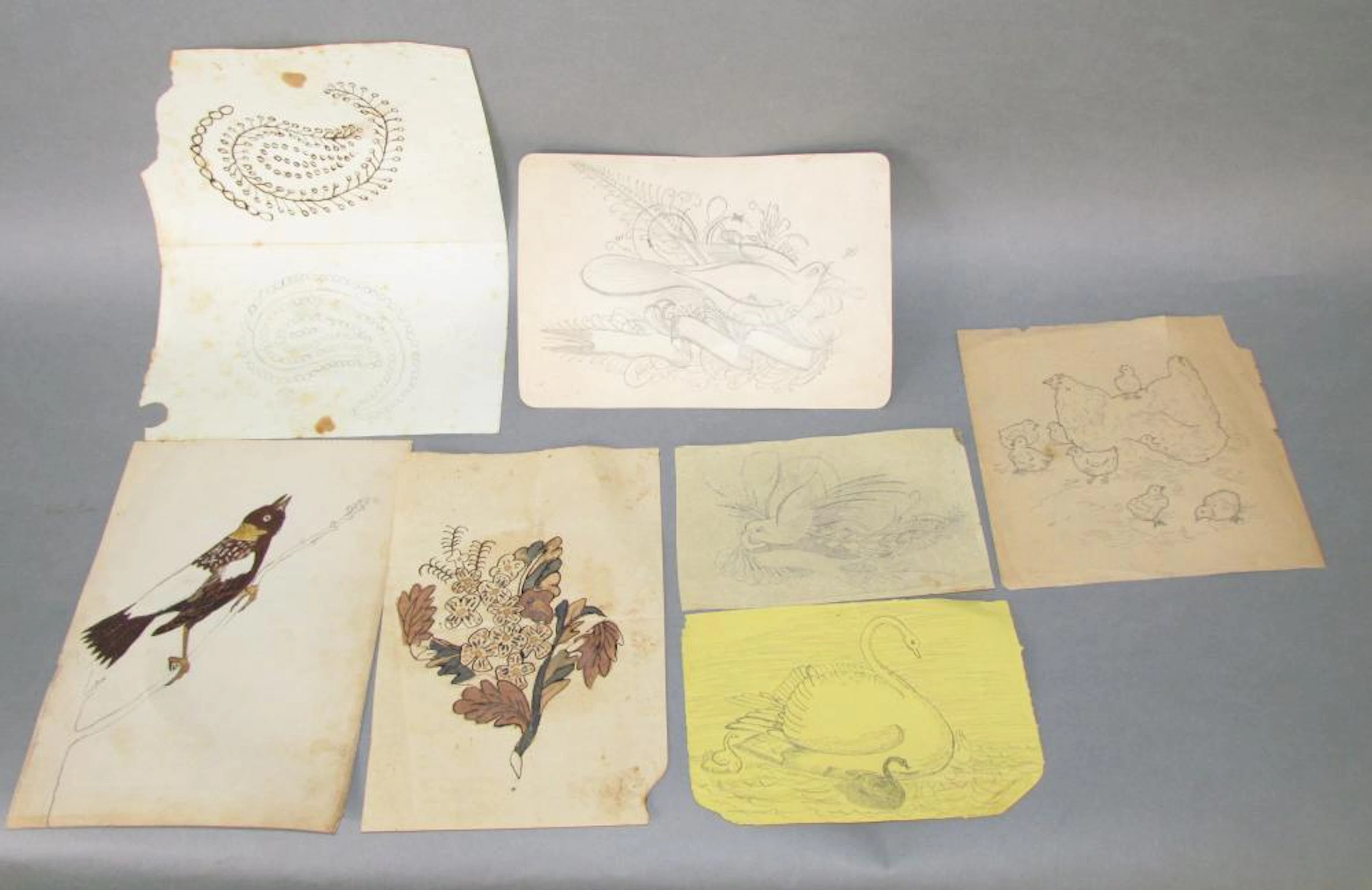 7 assorted ink & watercolor drawings
