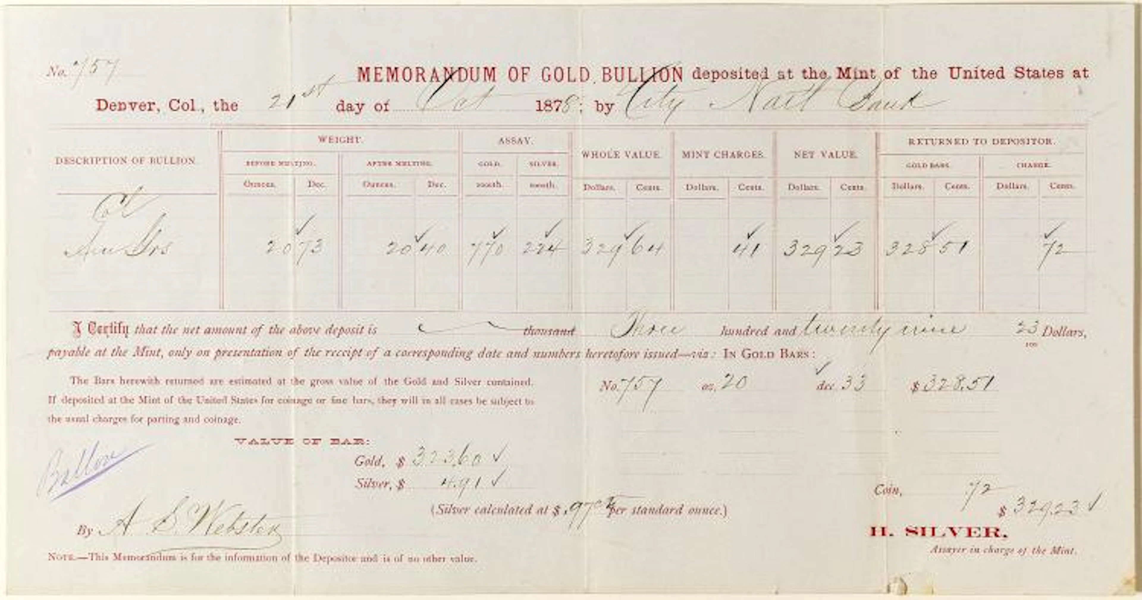 Denver Mint Gold Bullion Assay Memorandum, 1878