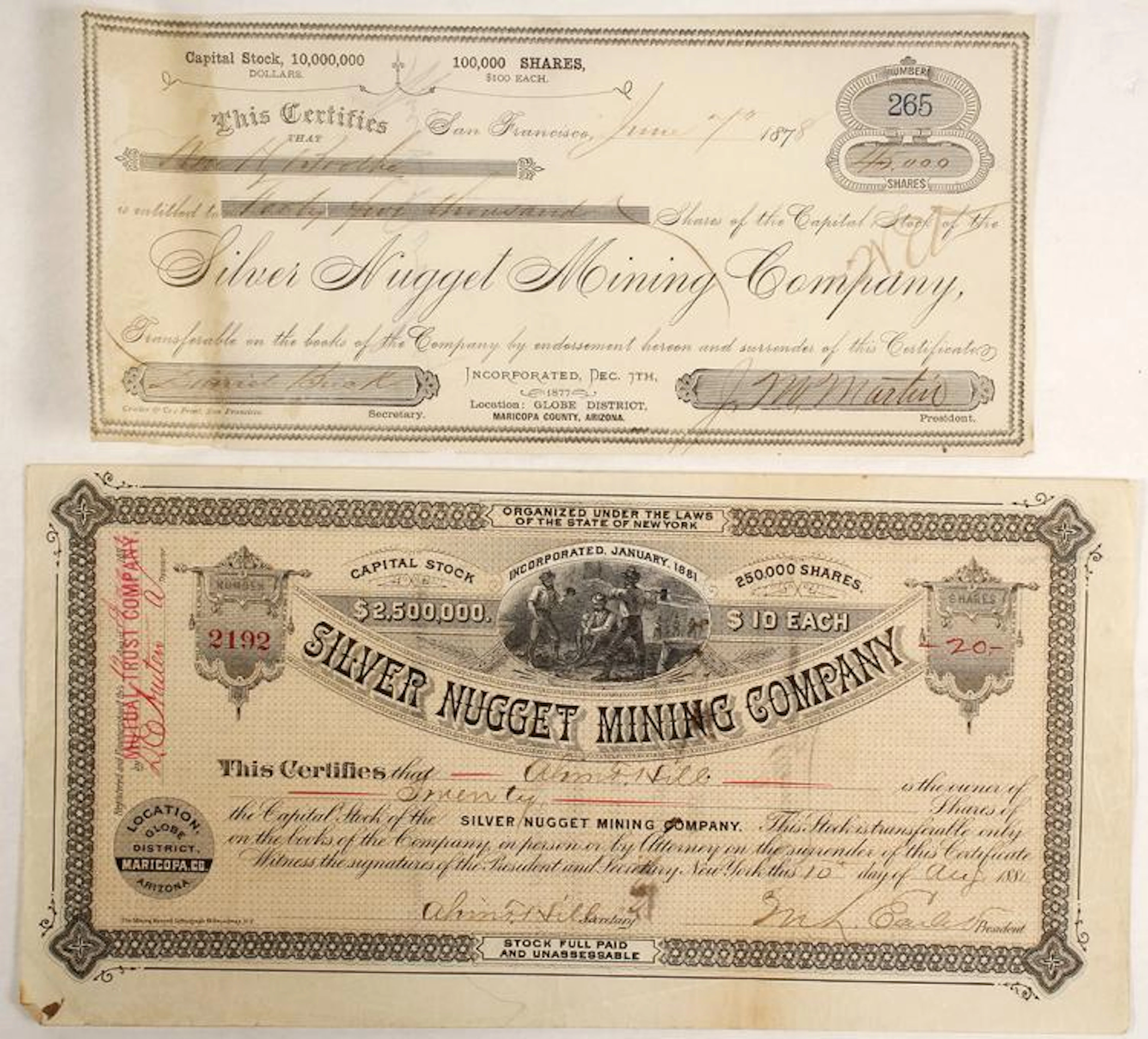 Two Silver Nugget Mining Company Stock Certificates