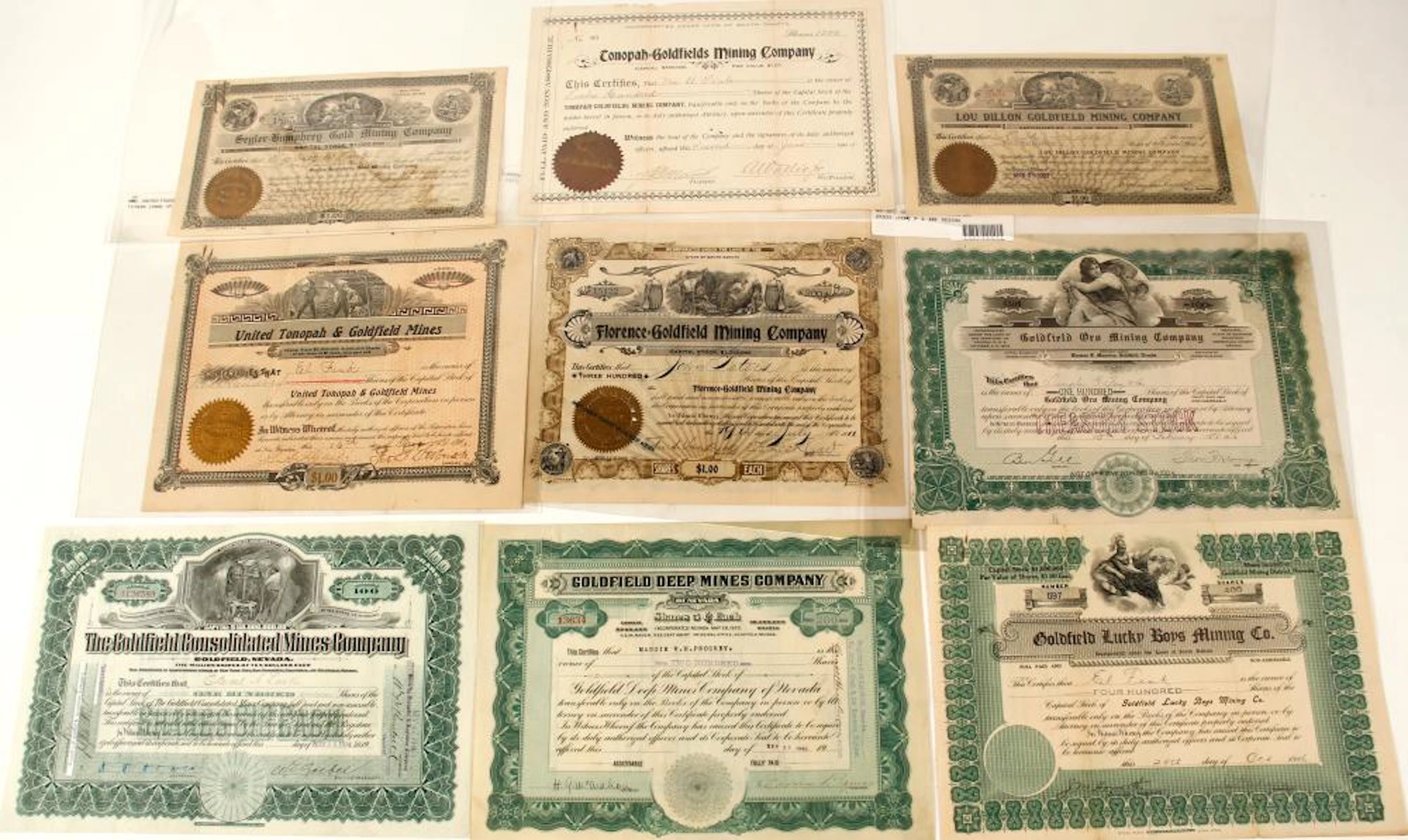 Nine Different Goldfield, Nevada Mining Stock Certificates