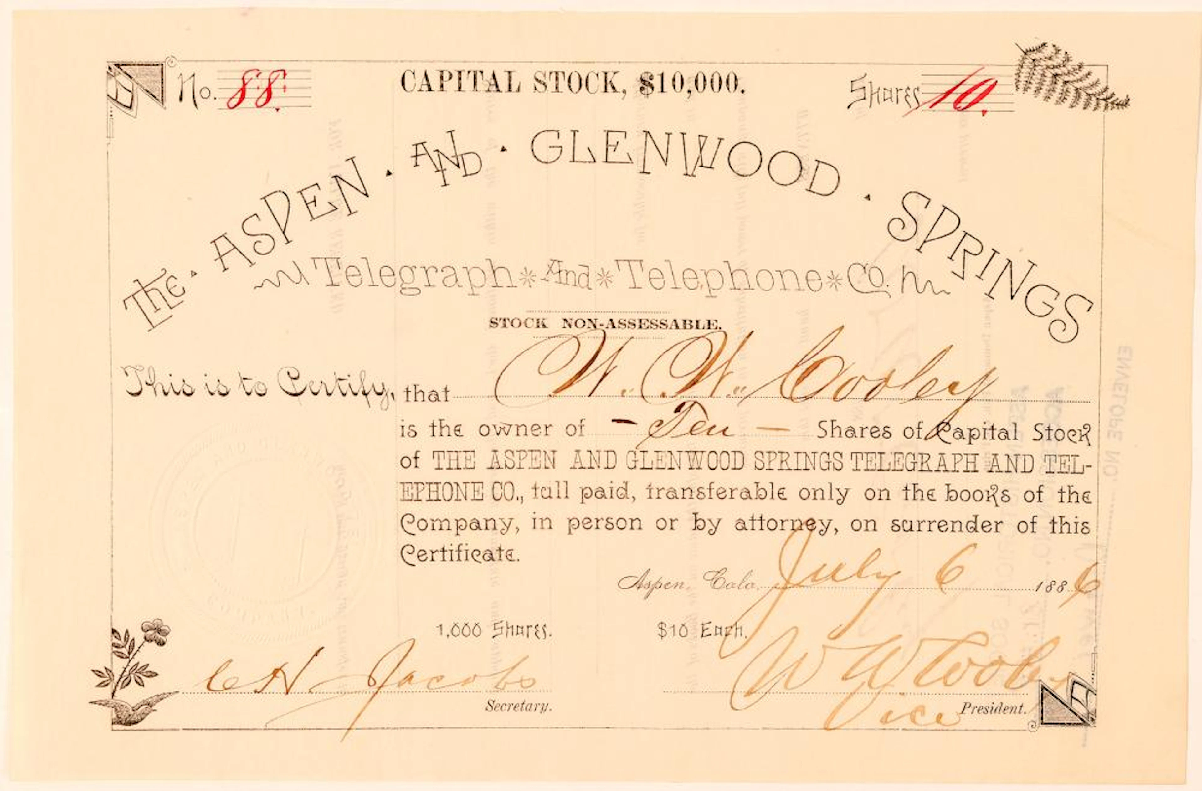 Aspen & Glenwood Springs Telegraph & Telephone Co. Stock Certificate (91575)