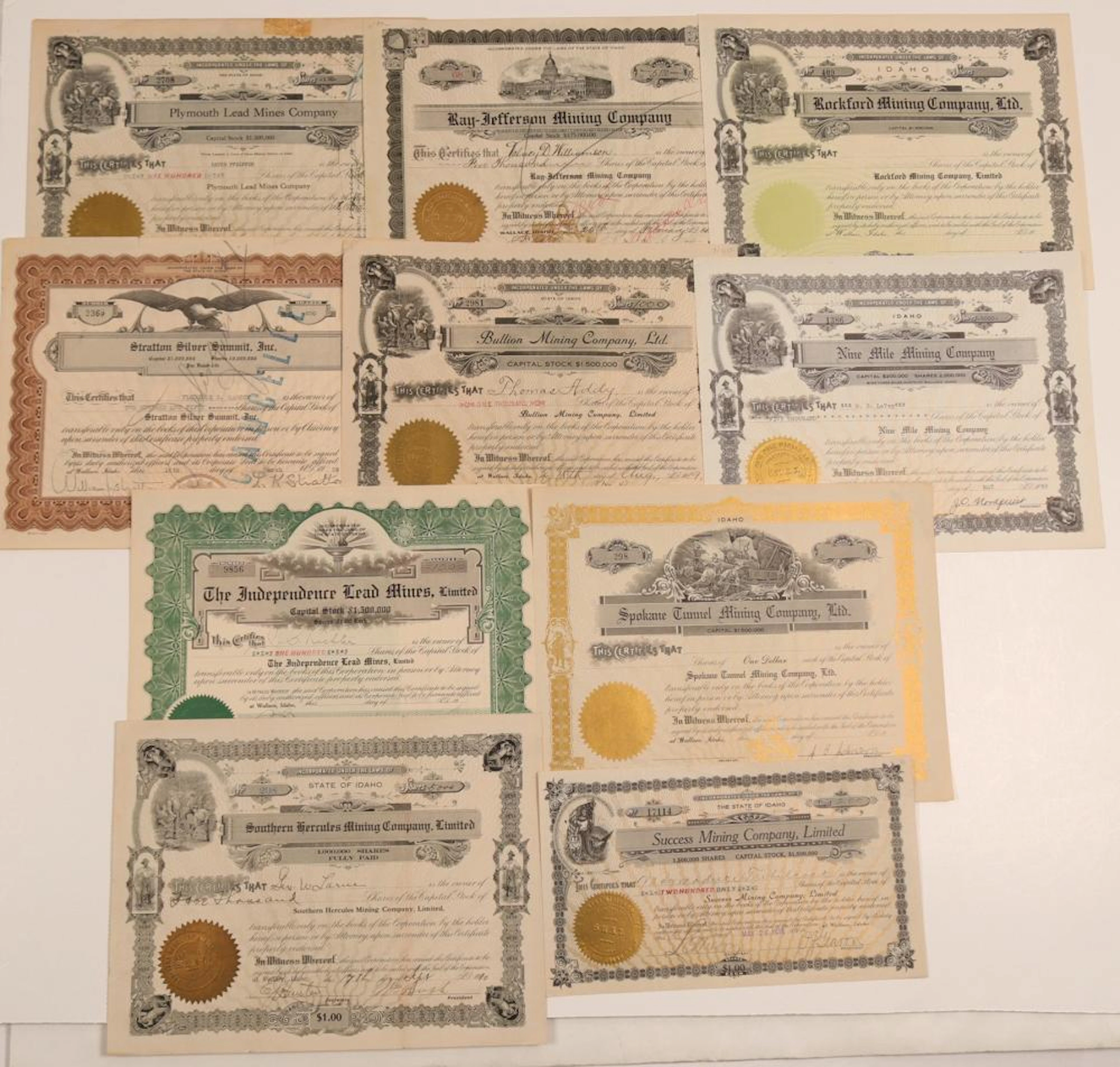 10 Different Wallace, Idaho Mining Stock Certificates 106728