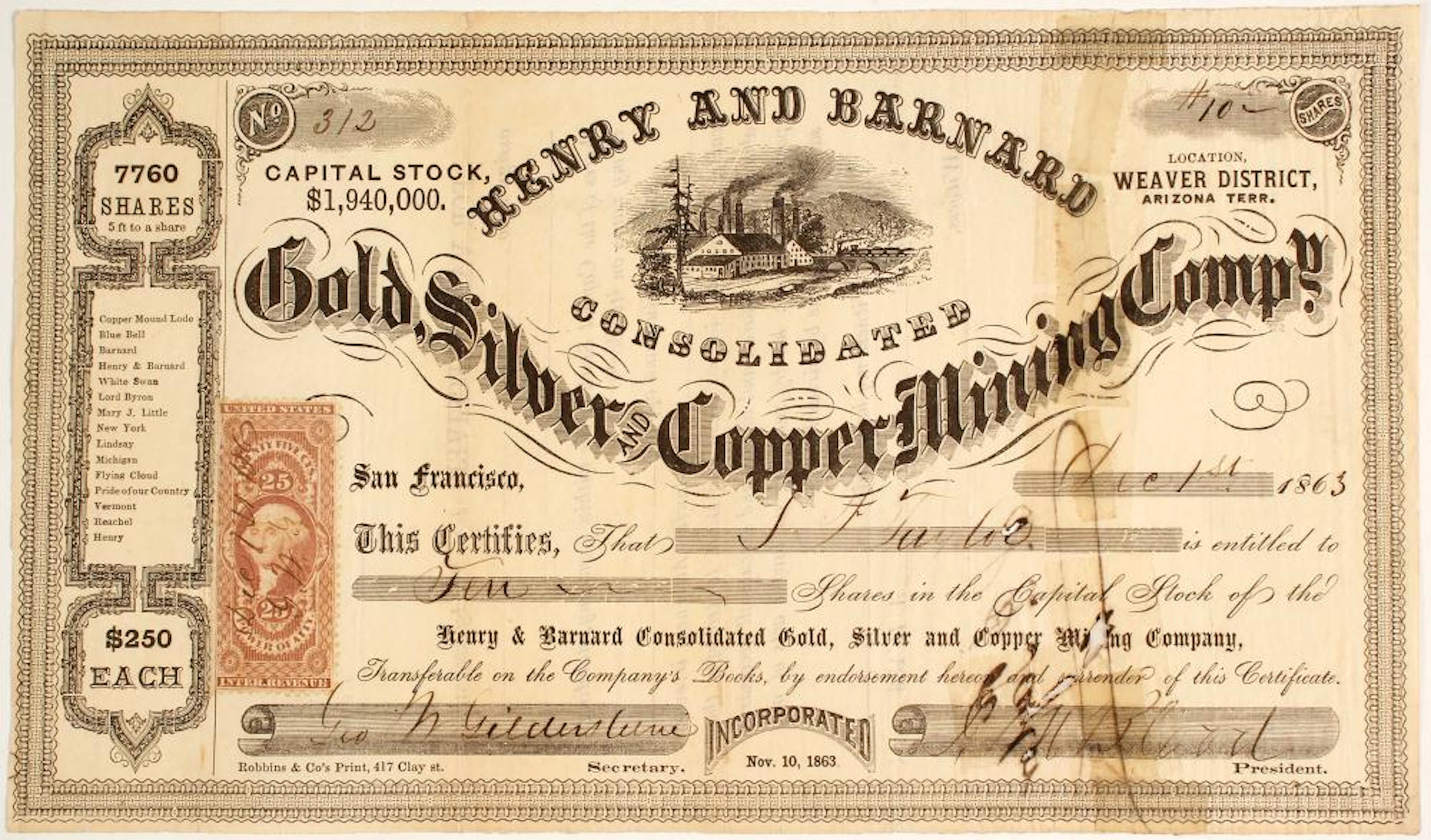 Henry & Barnard Gold, Silver and Copper Mining Company Stock 81632