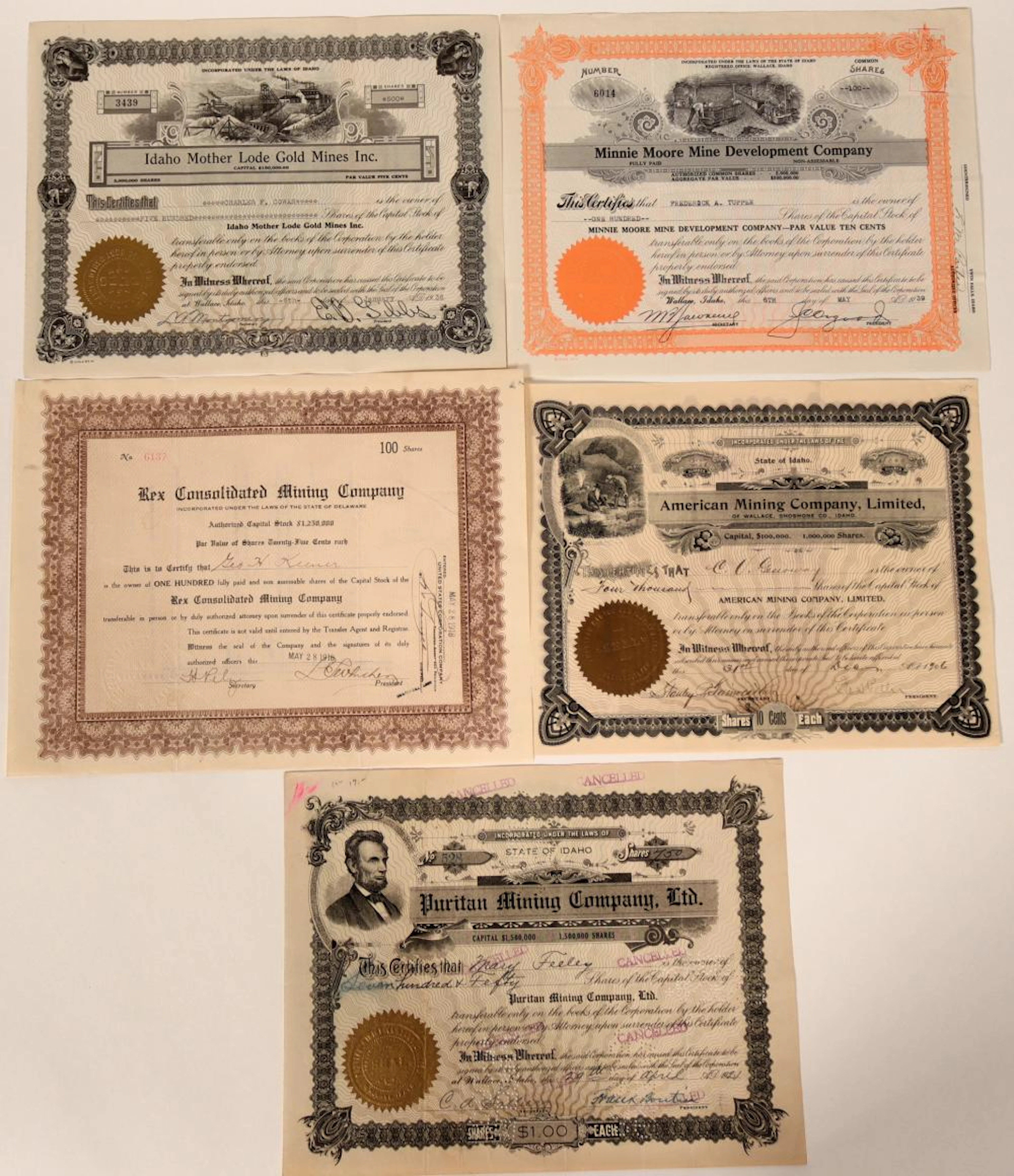 Five Different Wallace, Idaho Mining Stock Certificates 107504