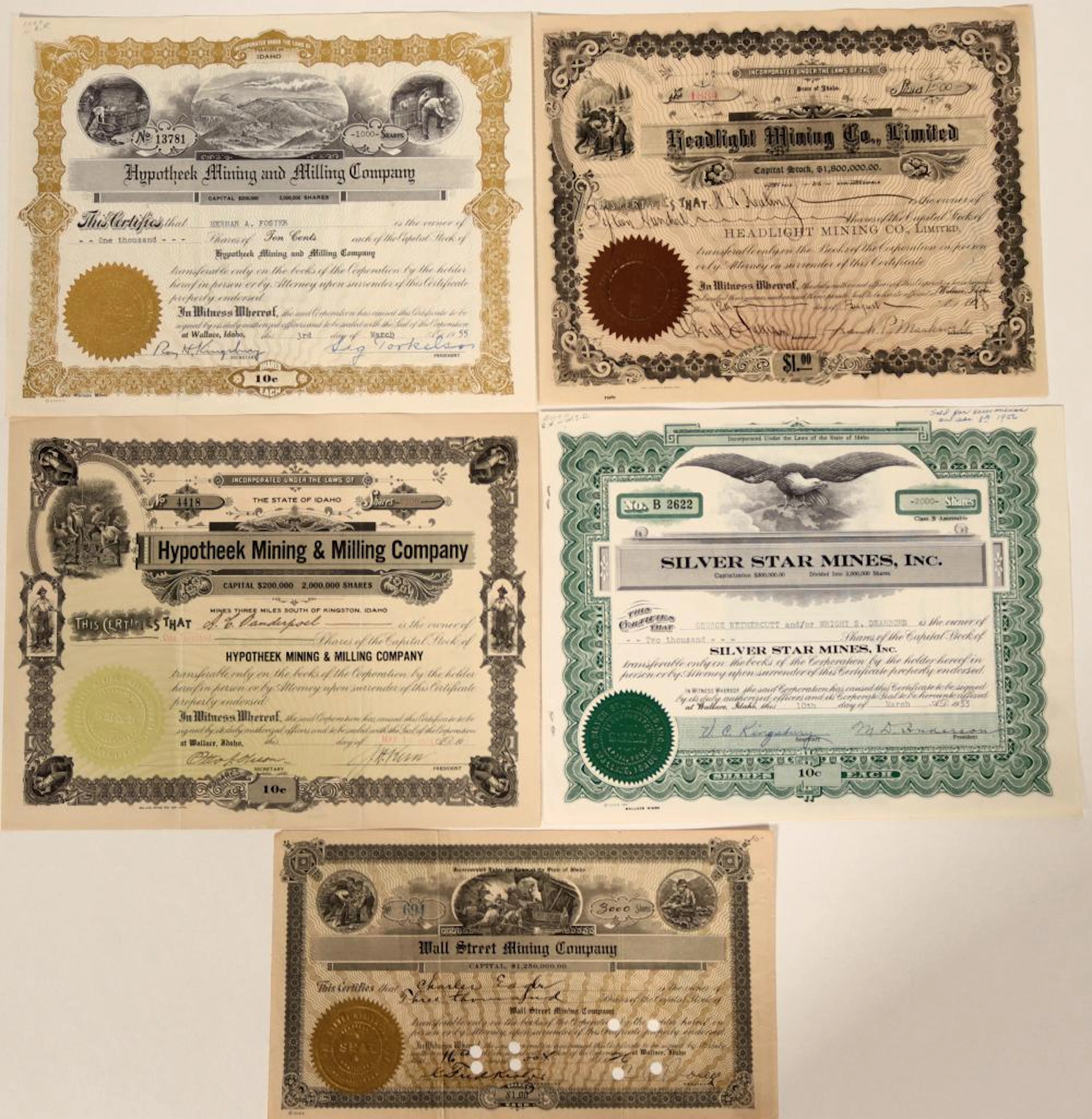 Five Different Wallace, Idaho Mining Stock Certificates 107512