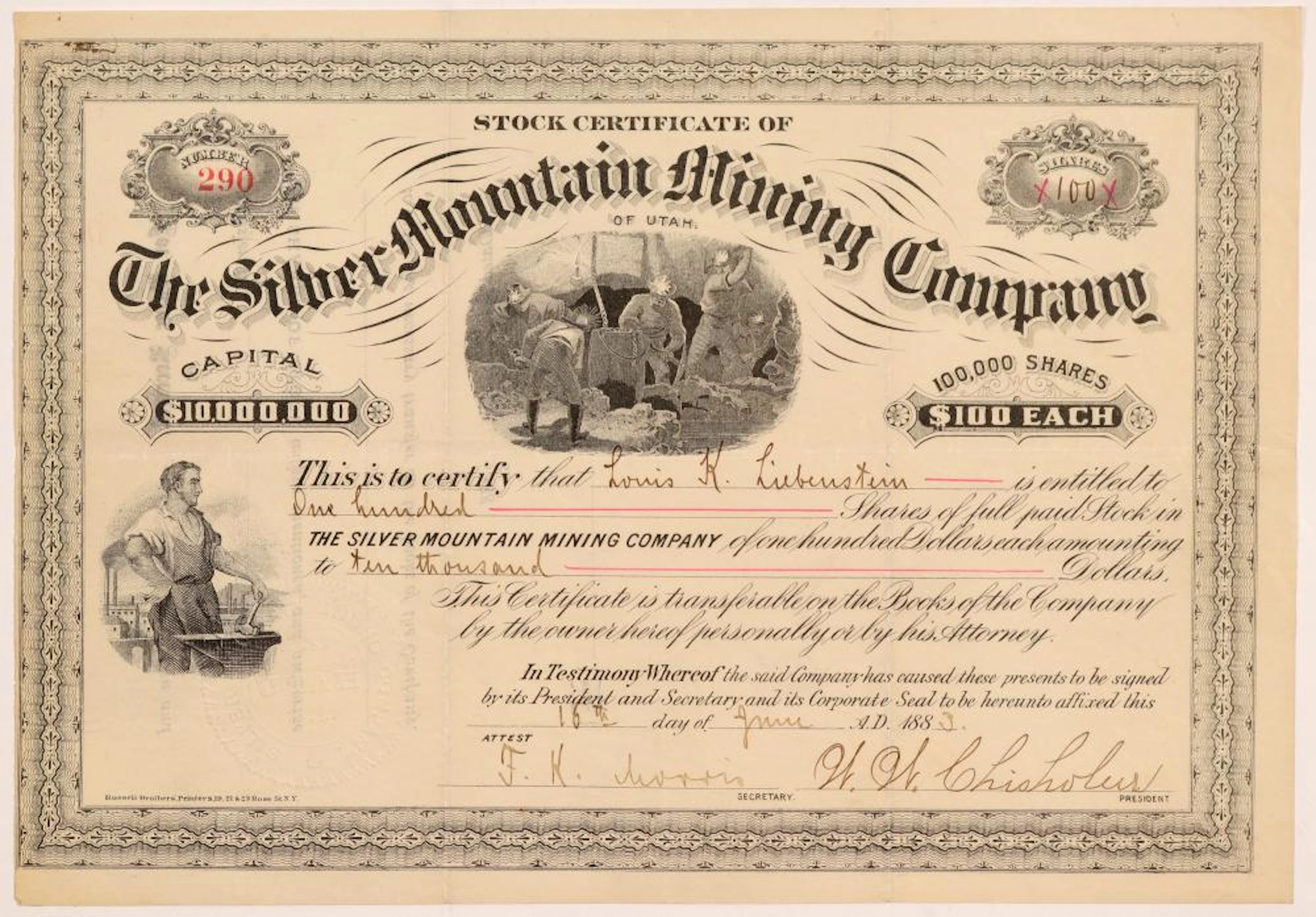 Silver Mountain Mining Co. of Utah Stock Certificate #107211