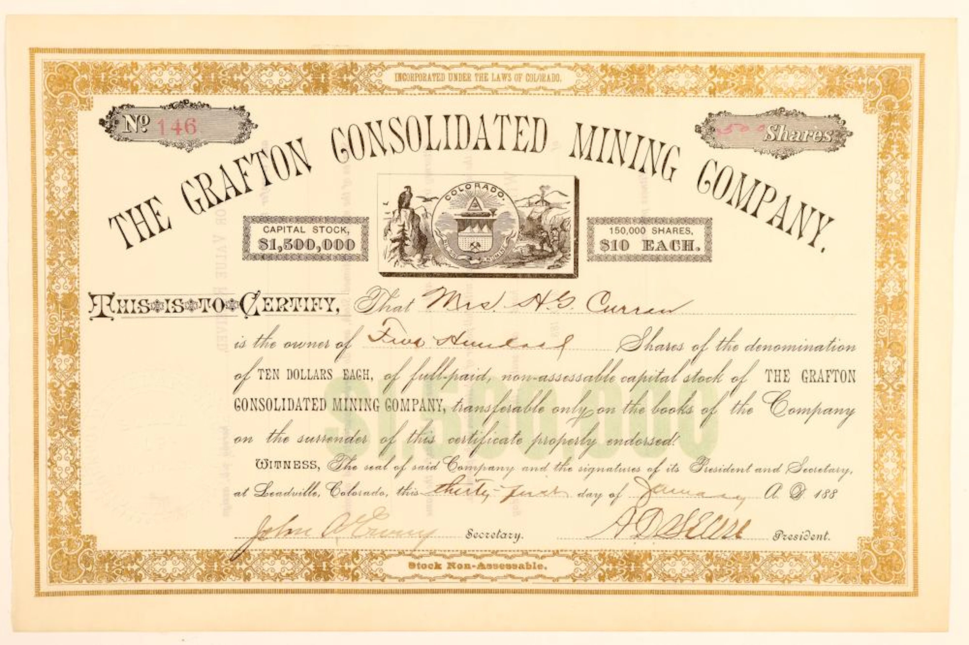 Grafton Consolidated Mining Company Stock Certificate #91845