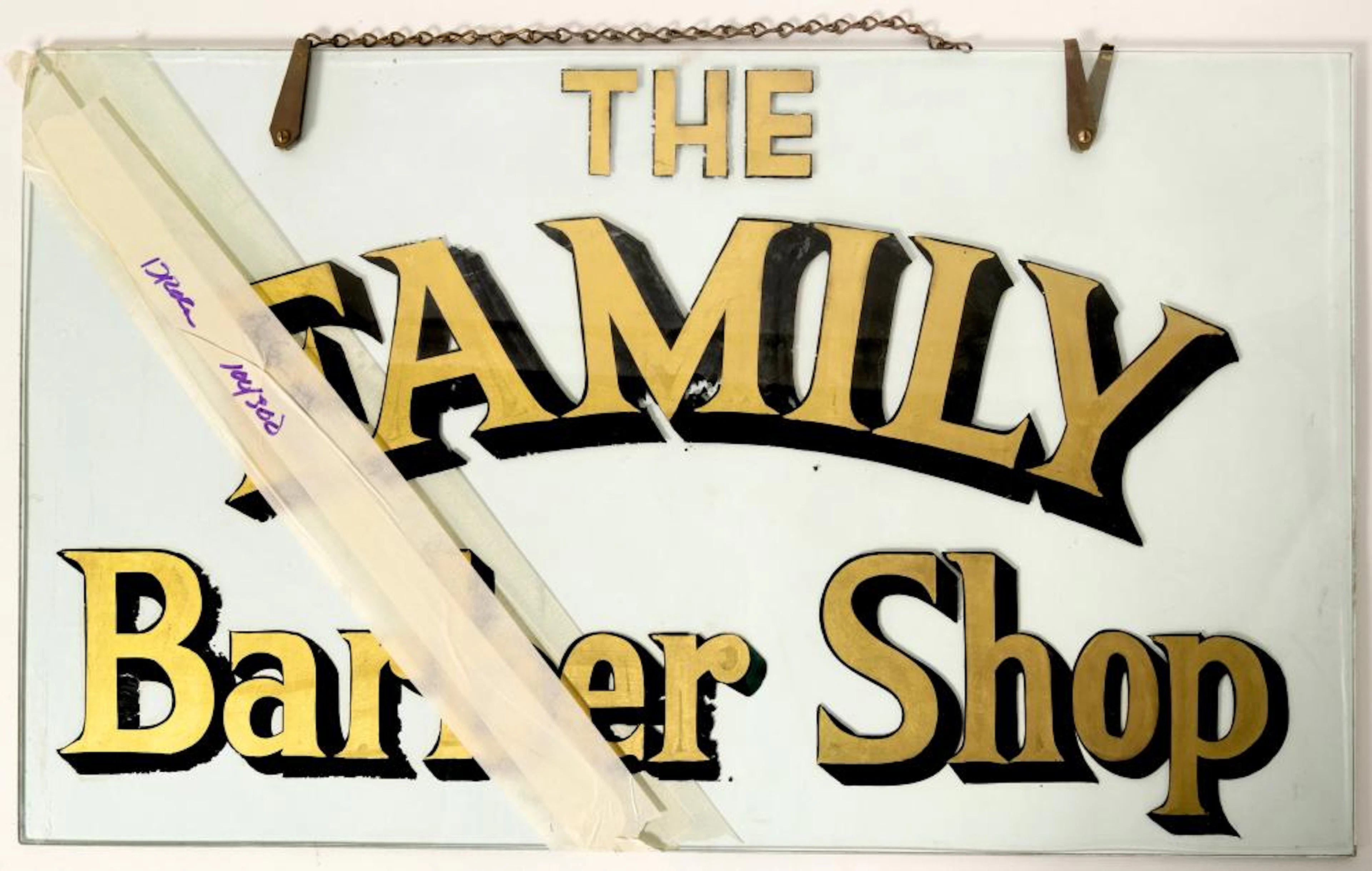 Family Barber Shop Reverse Glass Sign, c 1920 (112187)