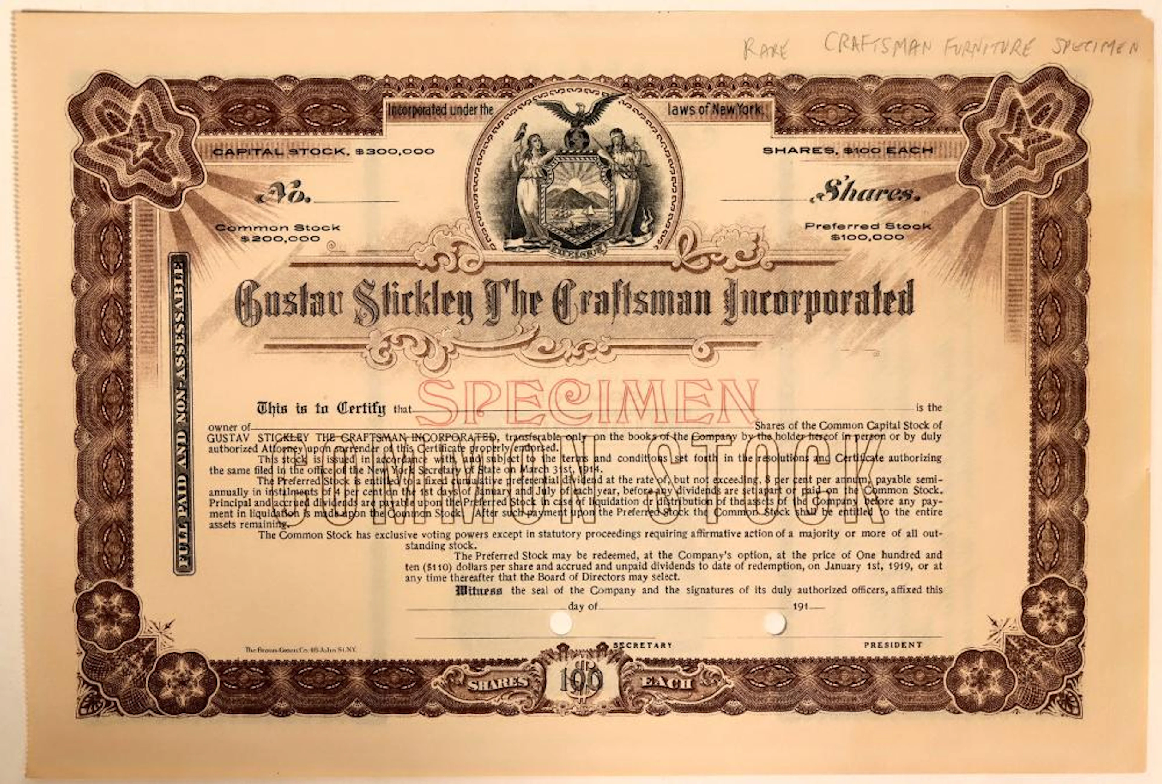 Rare Gustav Stickley, The Craftsman Specimen Stock Certificate (110912)