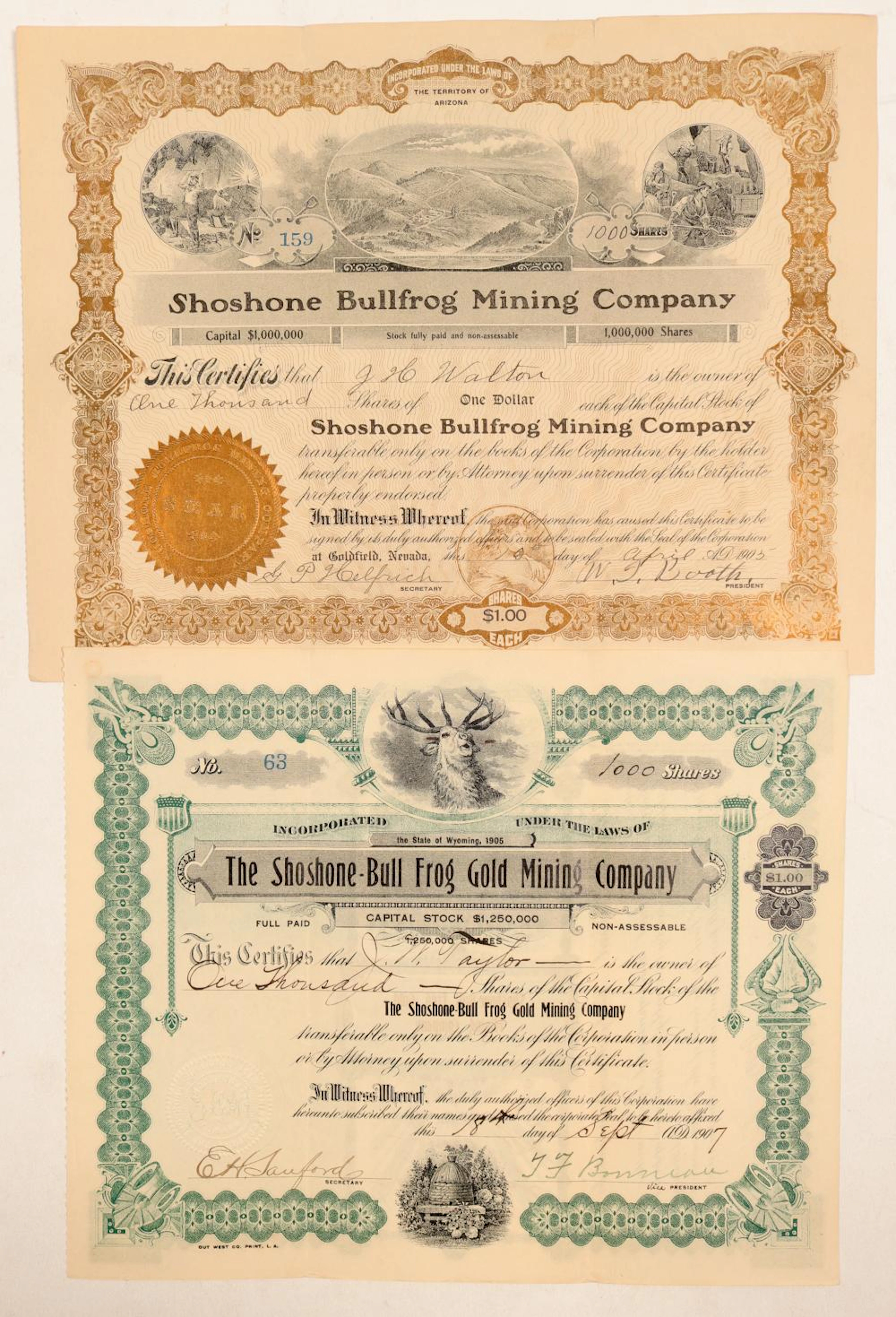 Two Different Shoshone Bullfrog Mining Stock Certificates (102182)