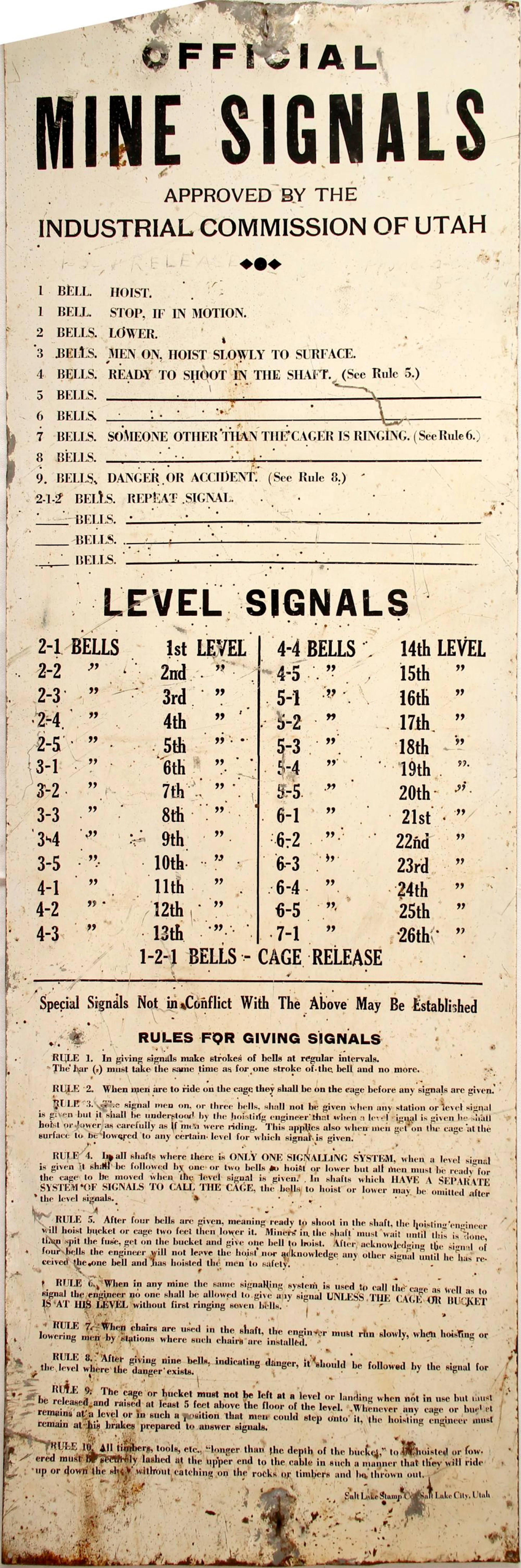 Utah Mine Bell Signal Sign, Tin (84833)
