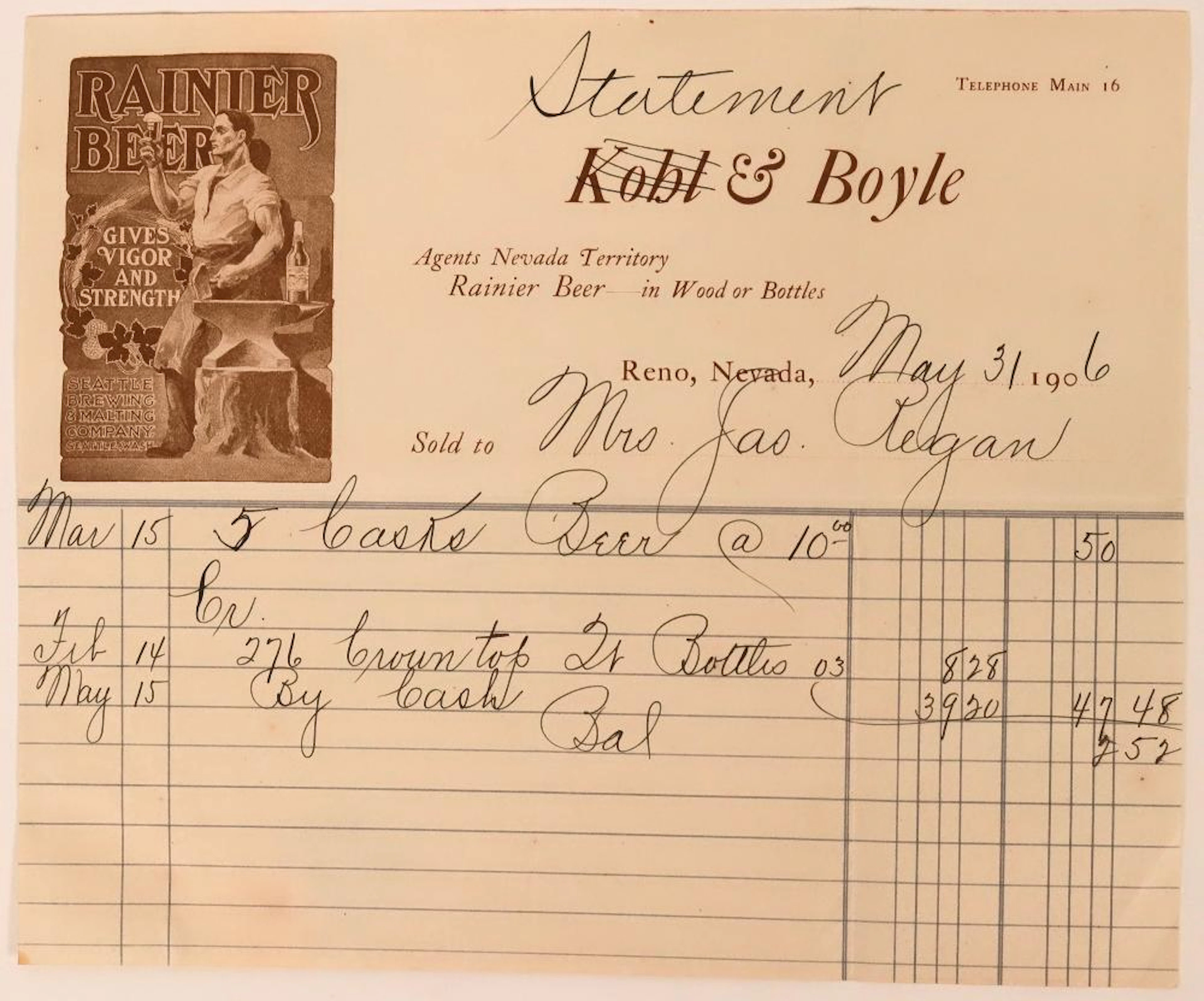Rainier Beer Pictorial Billhead, Boyle Prop. (113356)