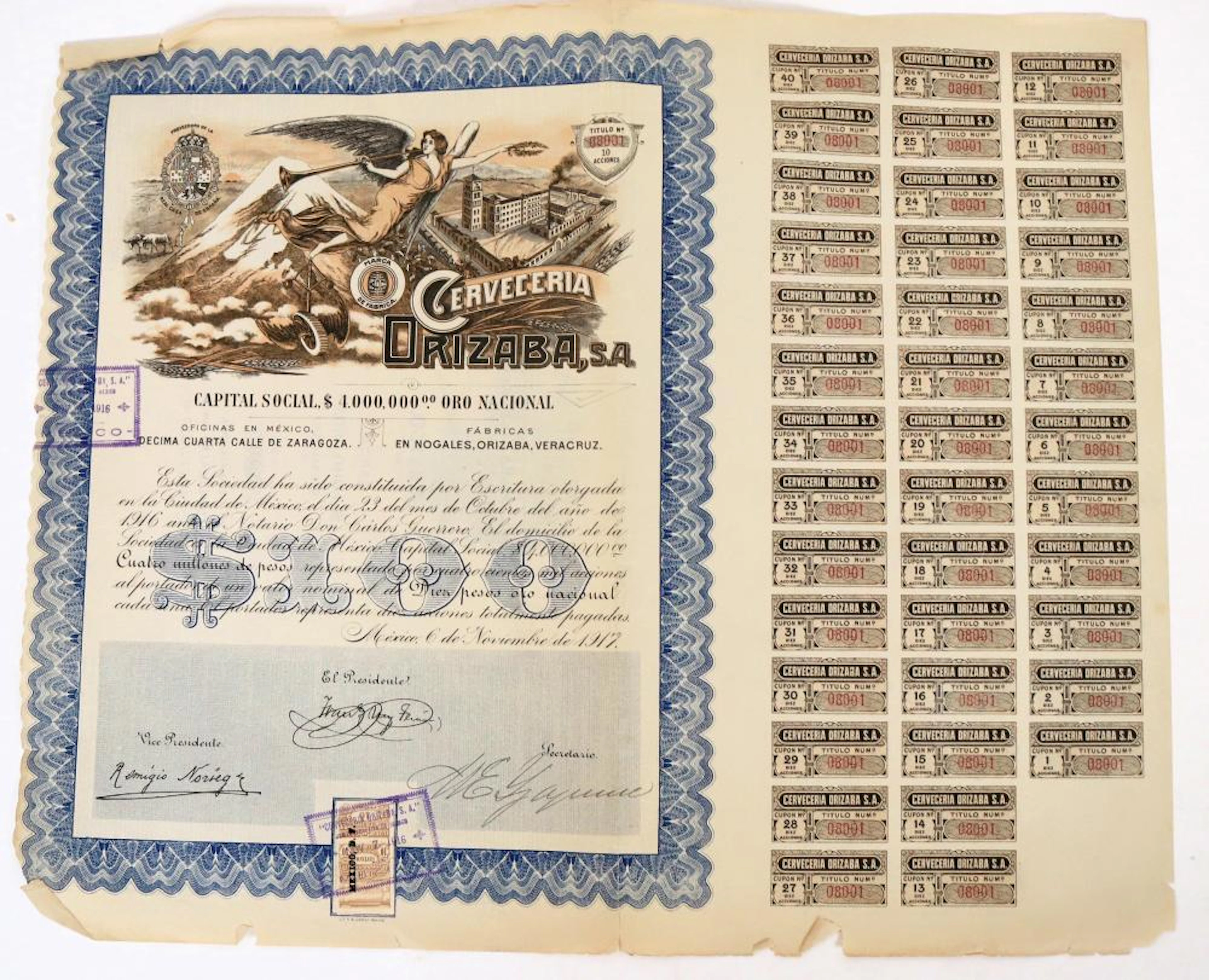 Cerveceria Orizaba Stock Certificate (124309)