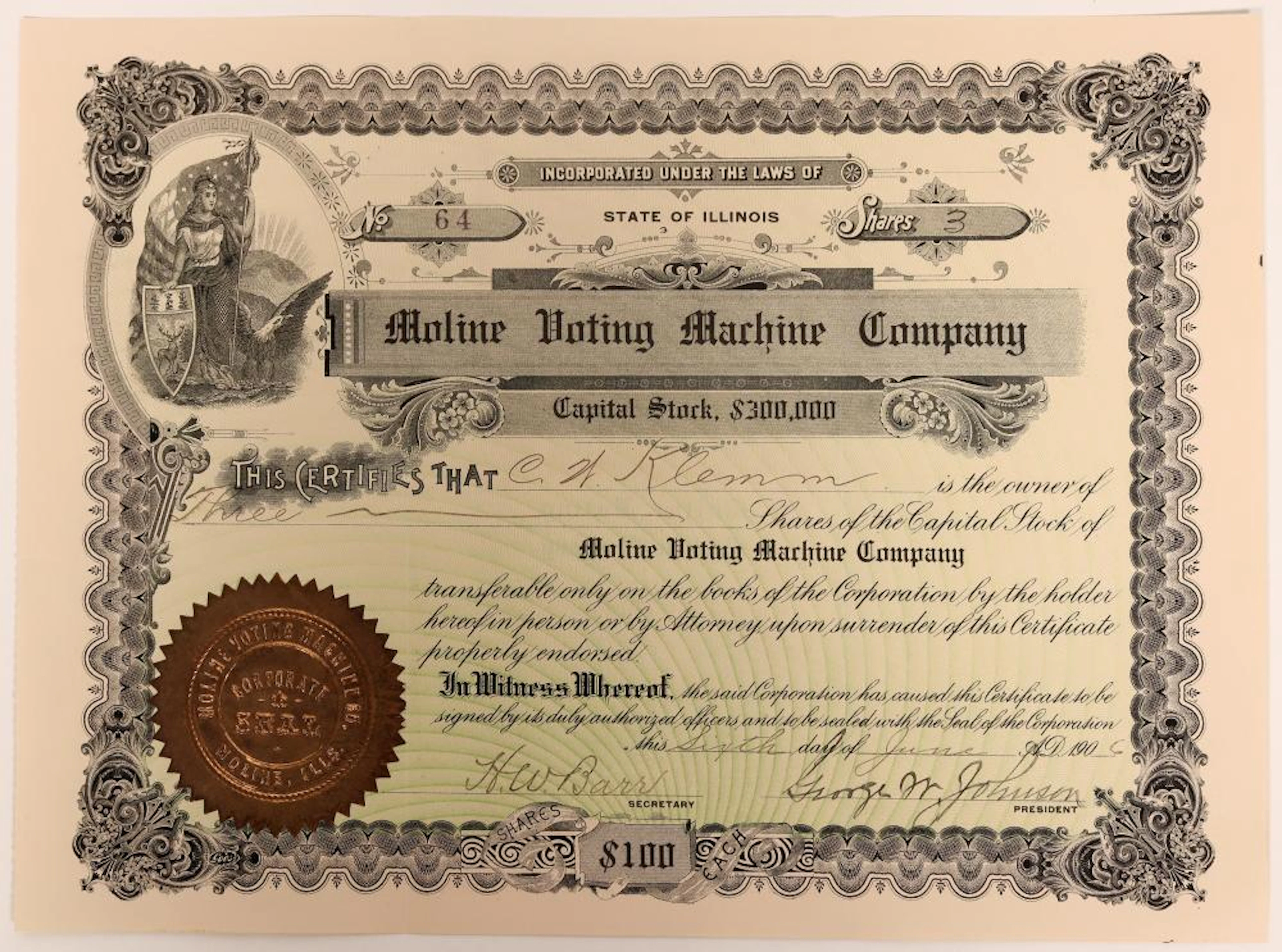 Moline Voting Machine Company Stock Certificate, 1906 (118583)