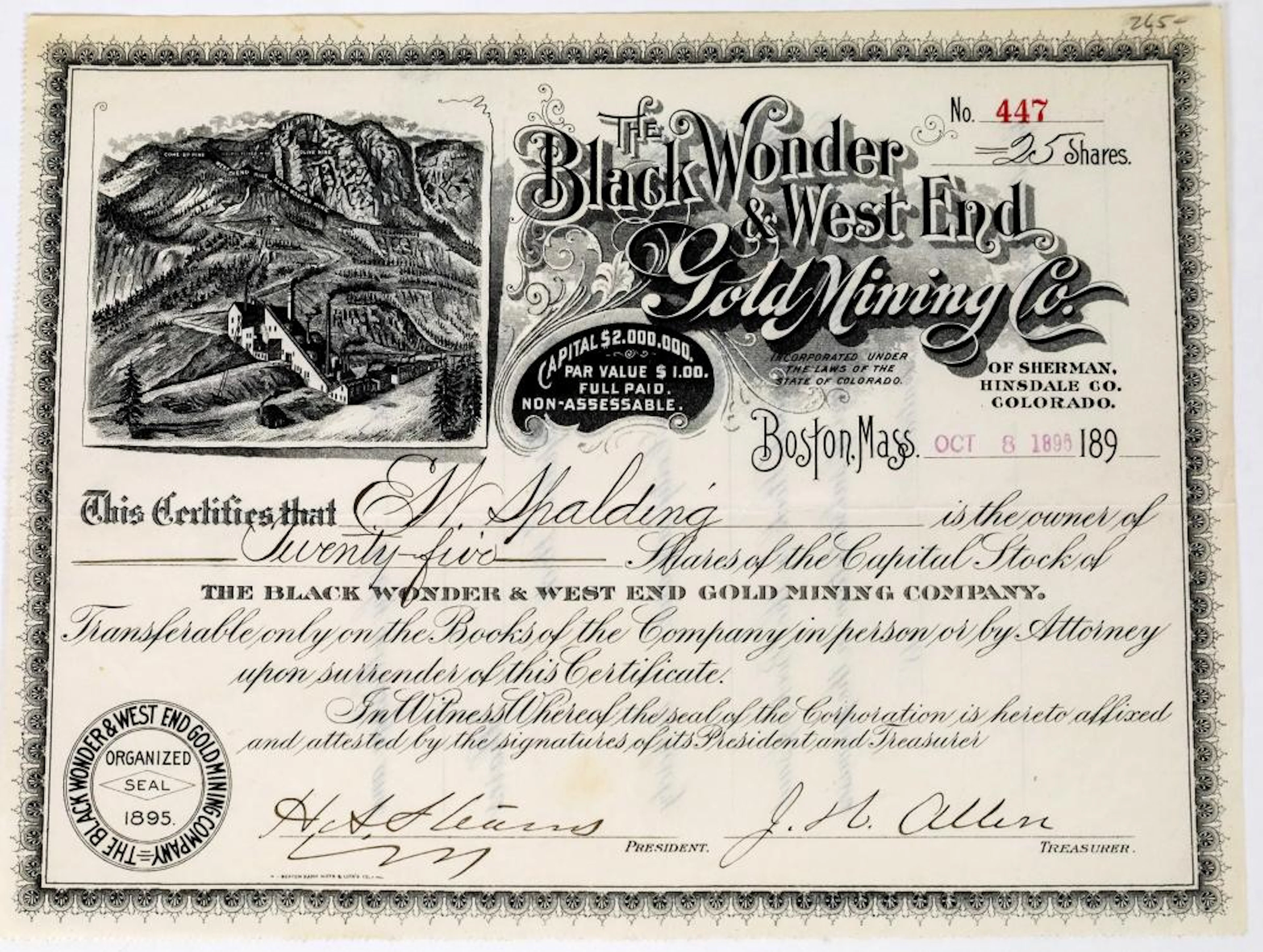 Black Wonder & West End Gold Mining Co. Stock Certificate (113696)
