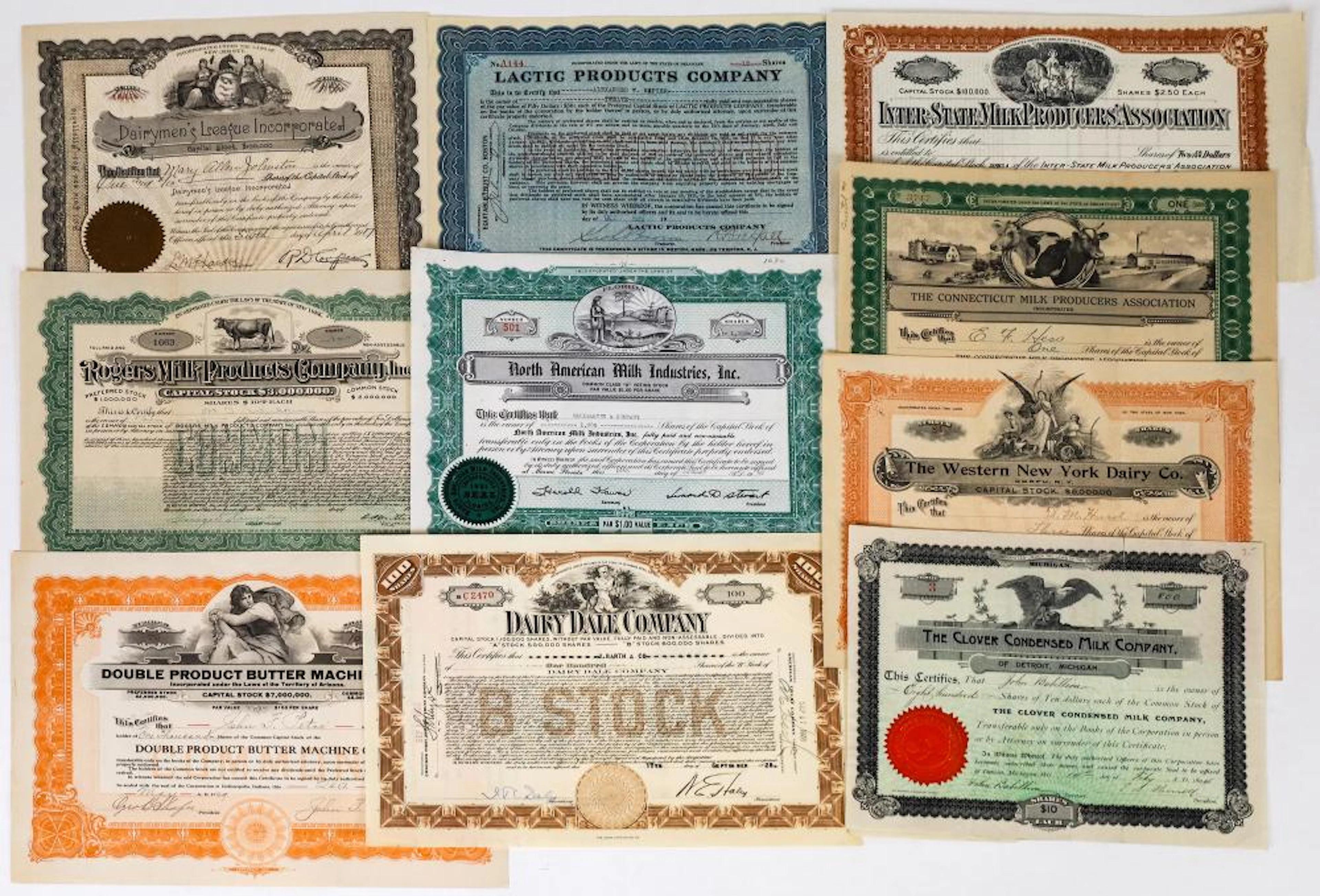 Ten Different Milk and Dairy Stock Certificates (113736)