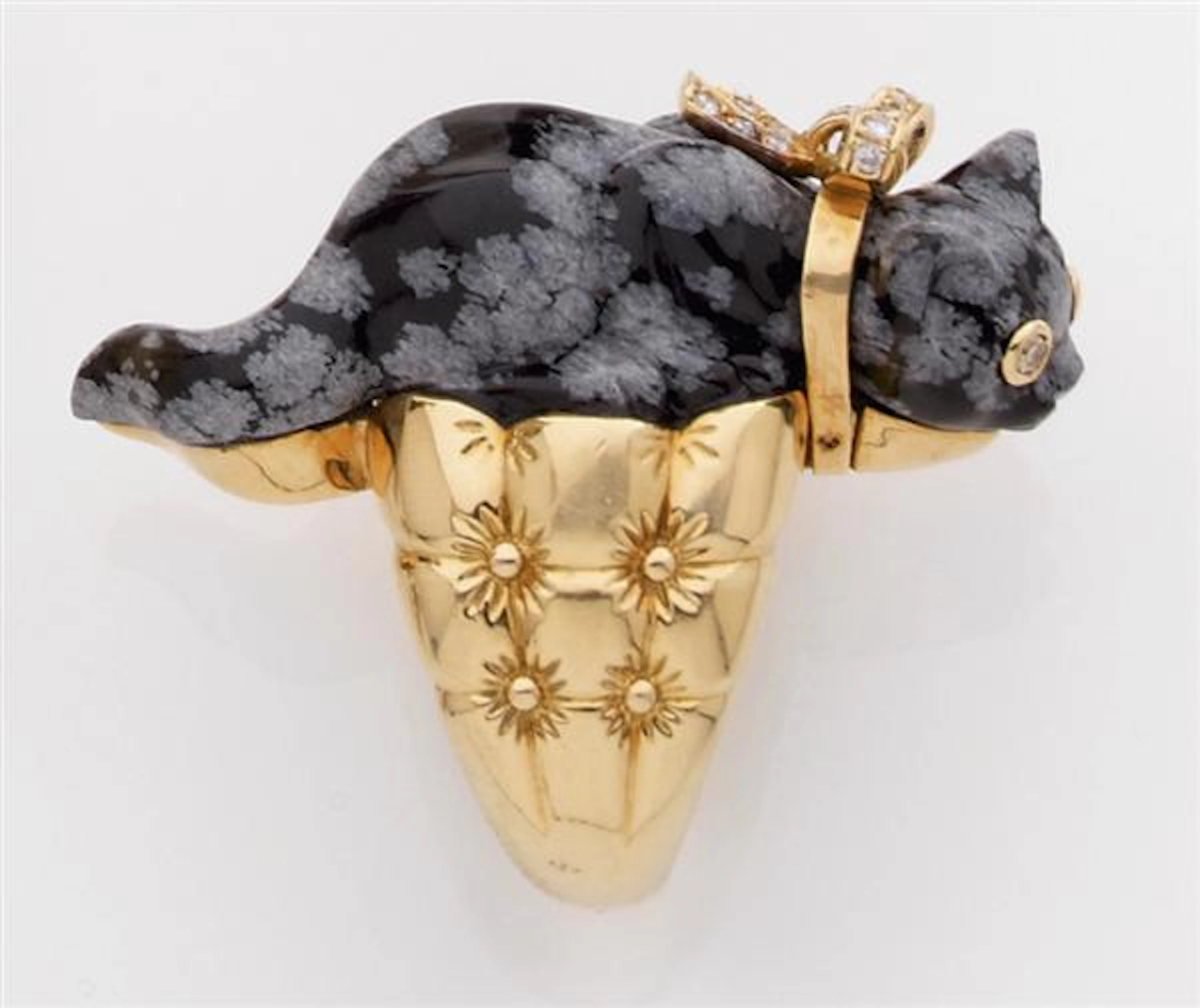 BONNETAUD Bague figurant un chat en obsidienne flocons de neige