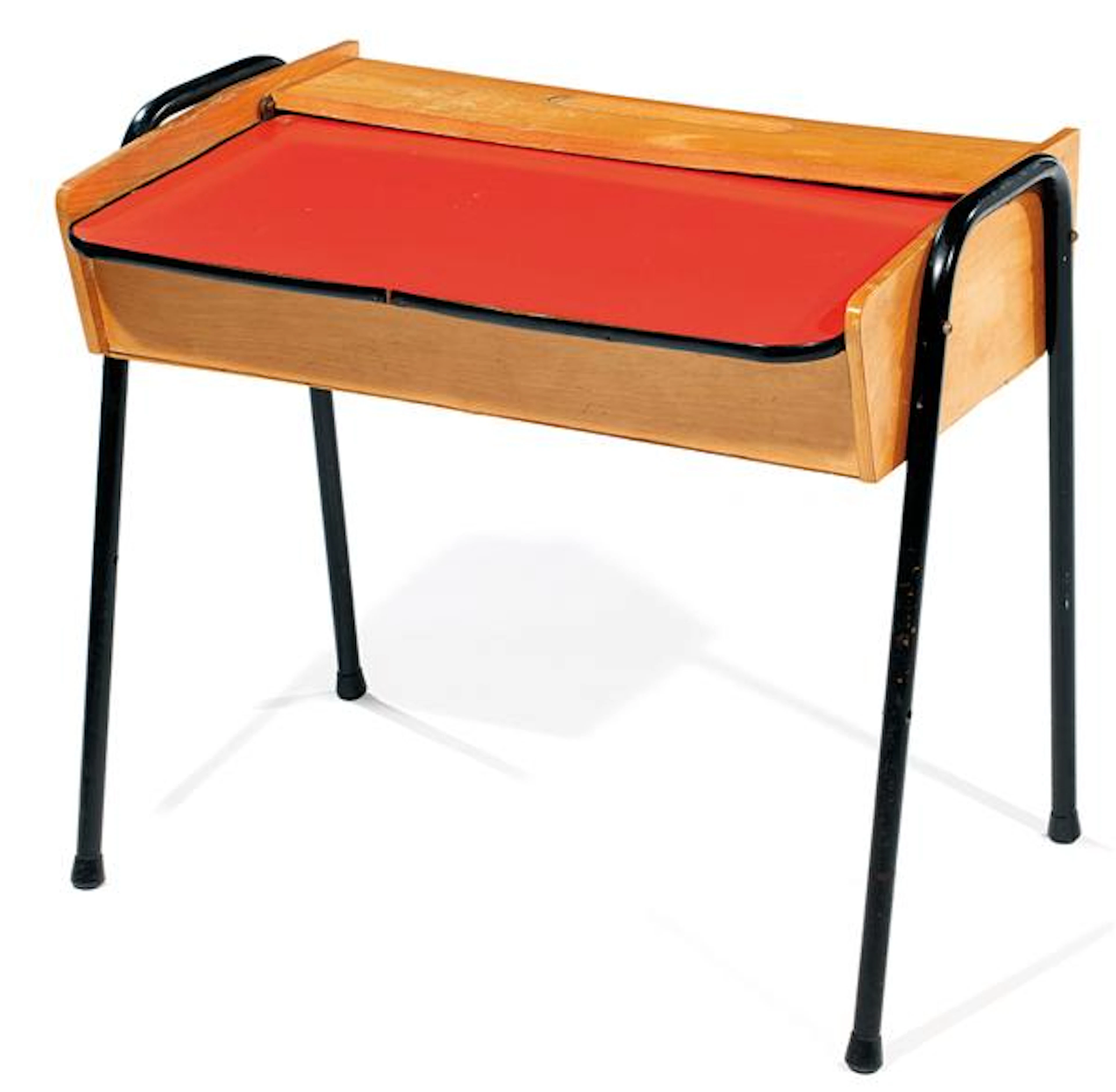 ANNÉES 1950 A plywood and tubular steel desk with red laminate