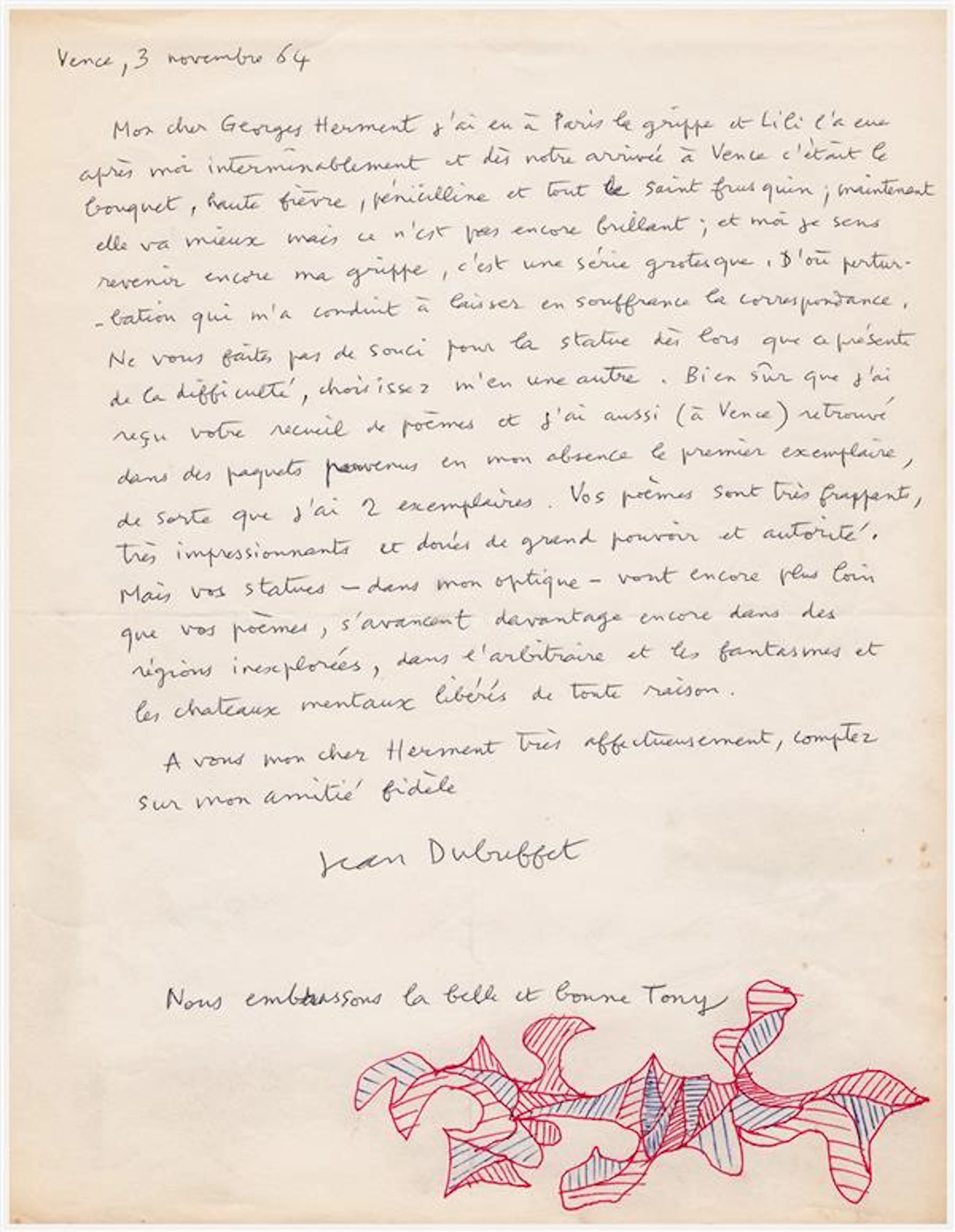 Jean DUBUFFET. 1901-1985. Artiste peintre et sculpteur. L.A.S. avec dessin