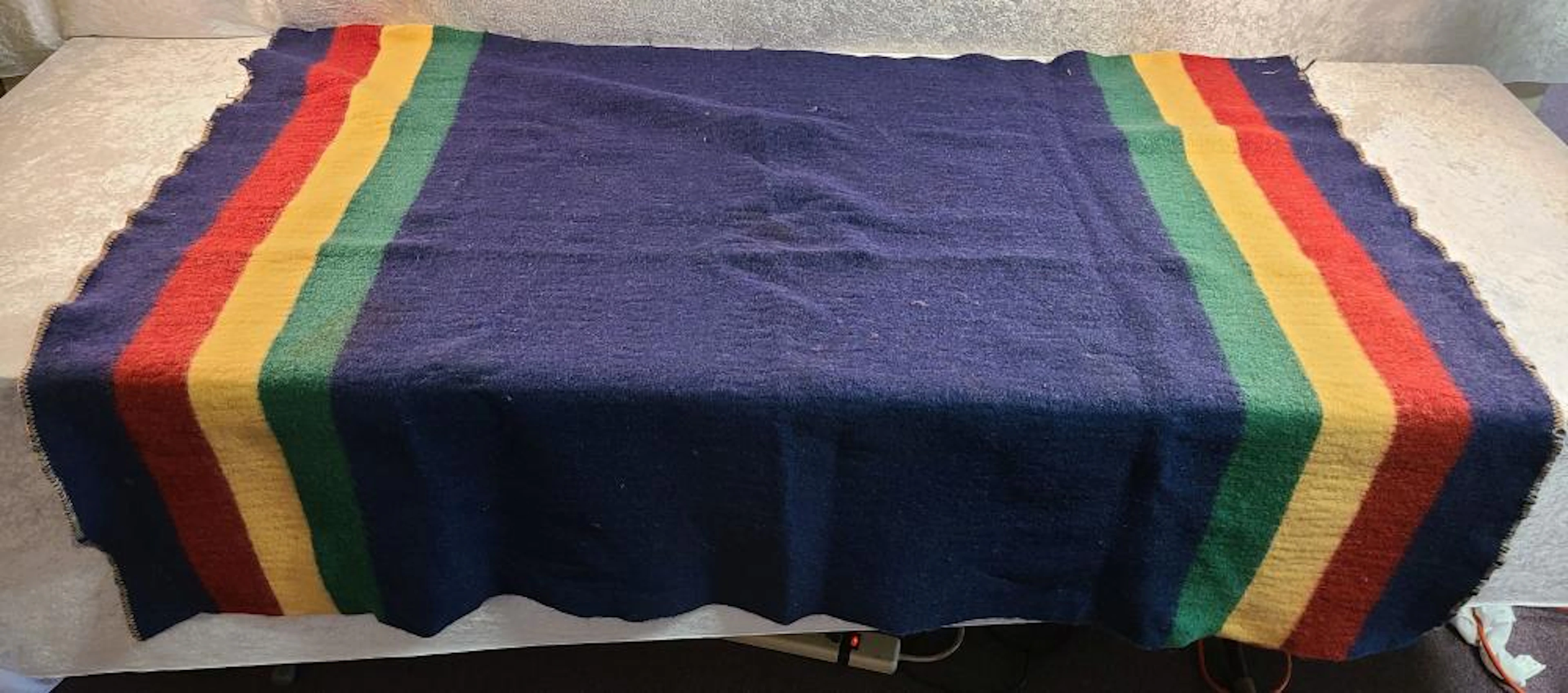 Vintage Multi-Striped Blue Wool Blanket. 52"x74"