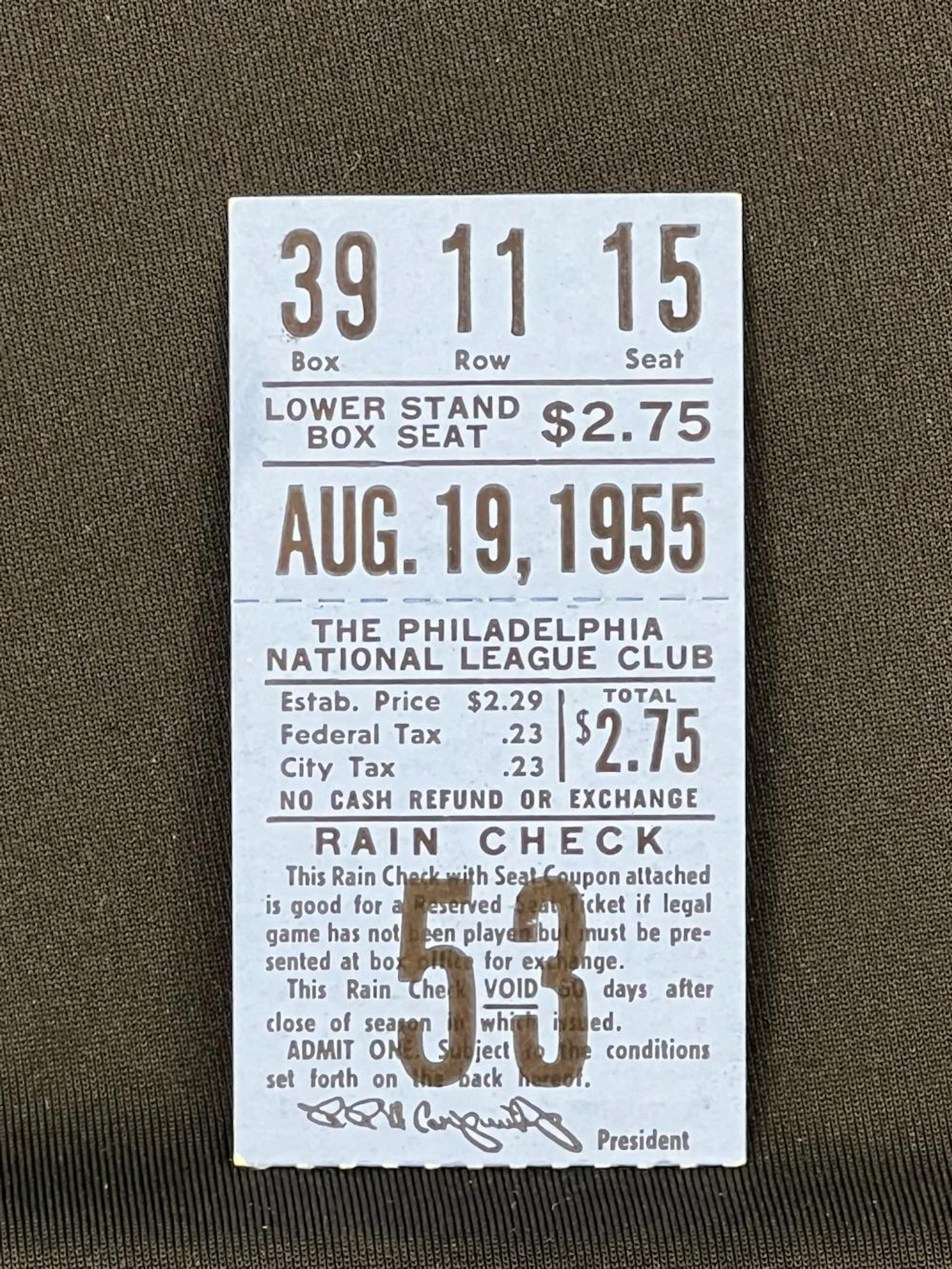 August 19, 1955 Philadelphia Phillies Connie Mack Stadium Ticket