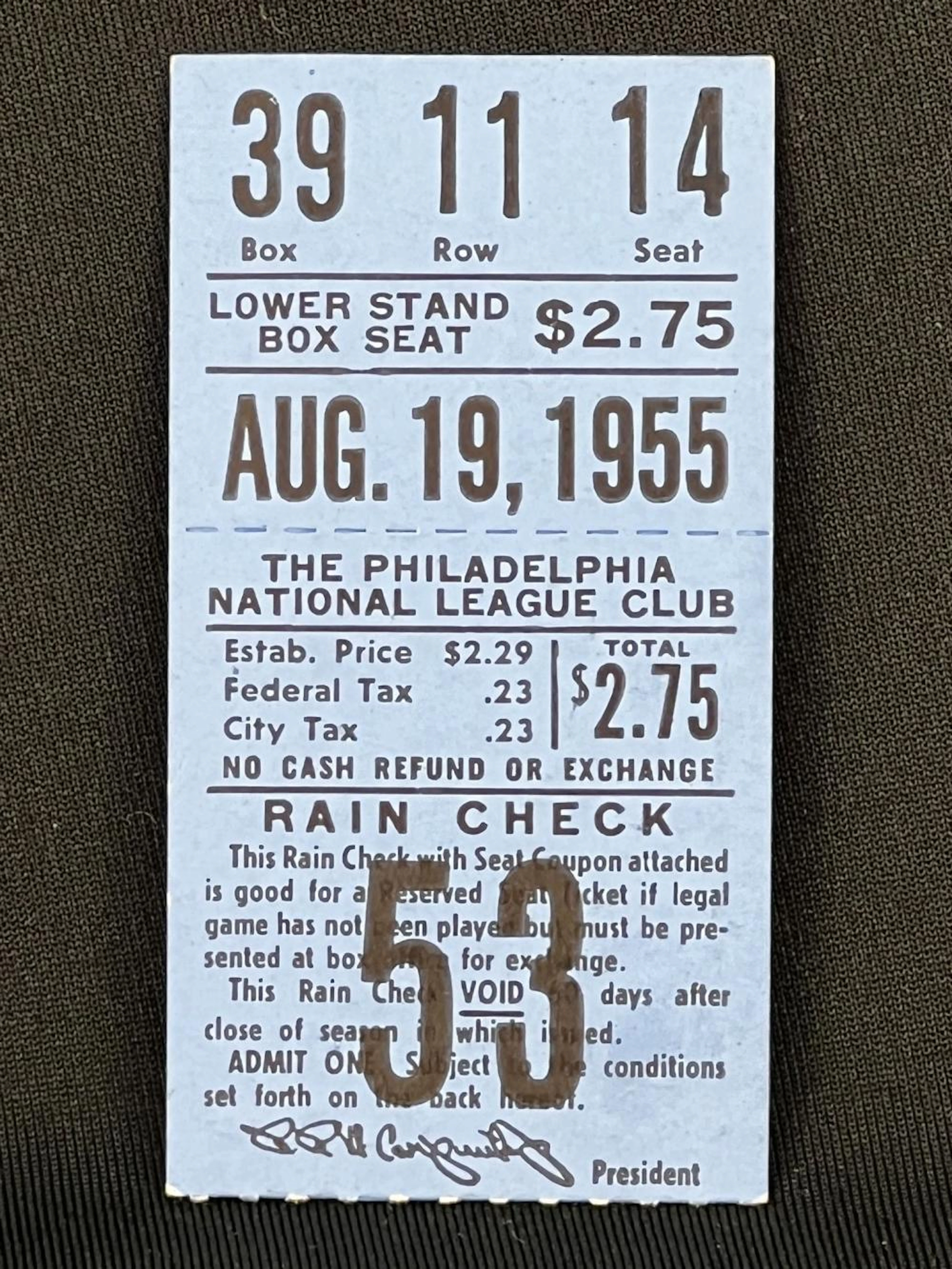 August 19, 1955 Philadelphia Phillies Connie Mack Stadium Ticket