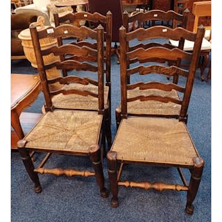 SET OF 4 ELM LADDER BACK CHAIRS WITH RUSH SEATS