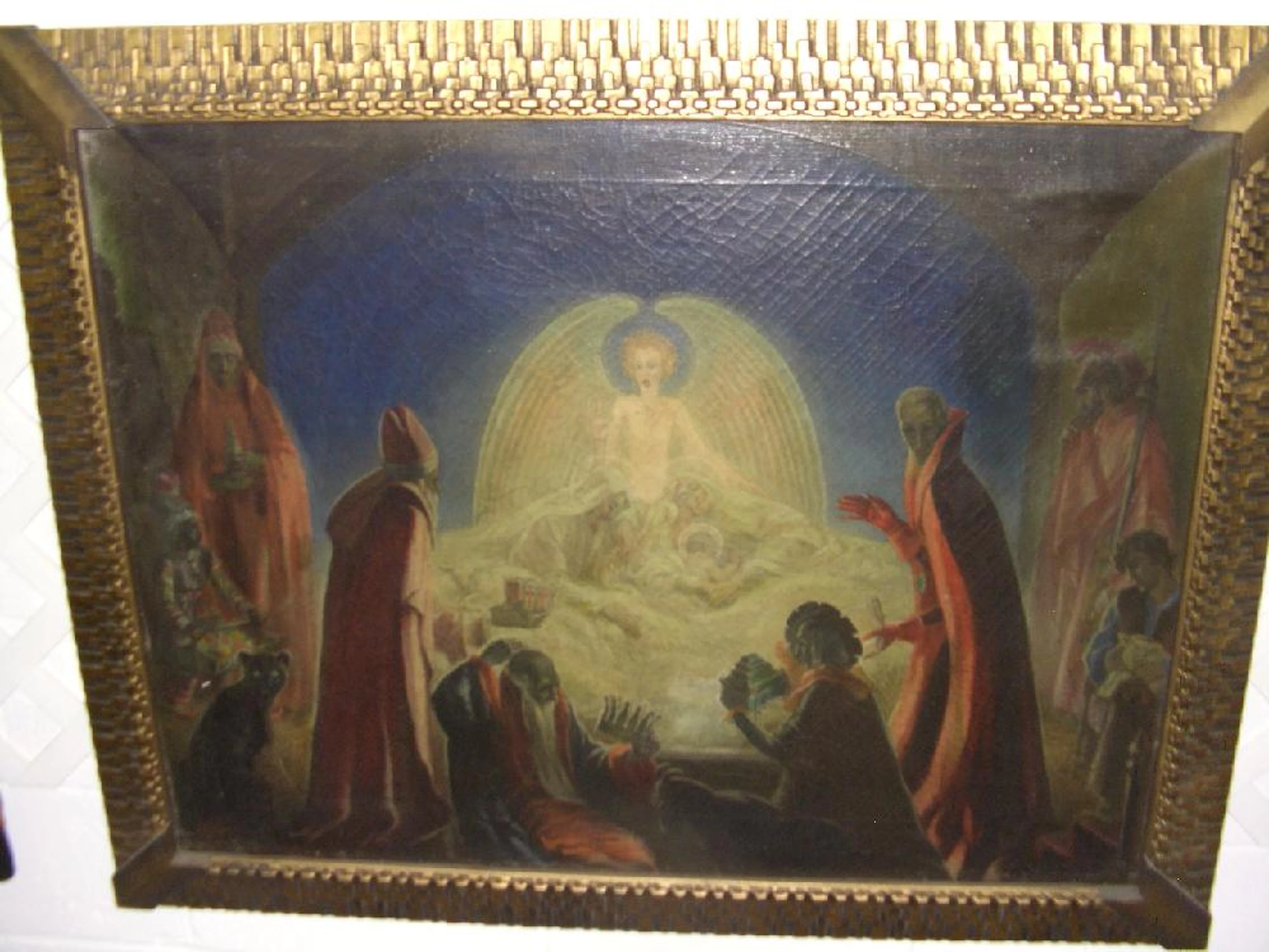 stunning antique oil painting of surrealism nativity scene 38x47 nice frame