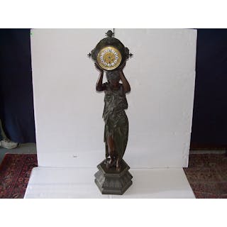 amazing antique French? bronze wash over spelter floor model figural clock