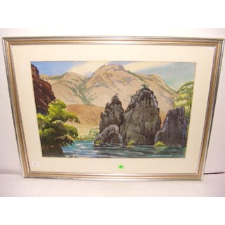 watercolor by listed artist thayne logan, ocean and rock scene