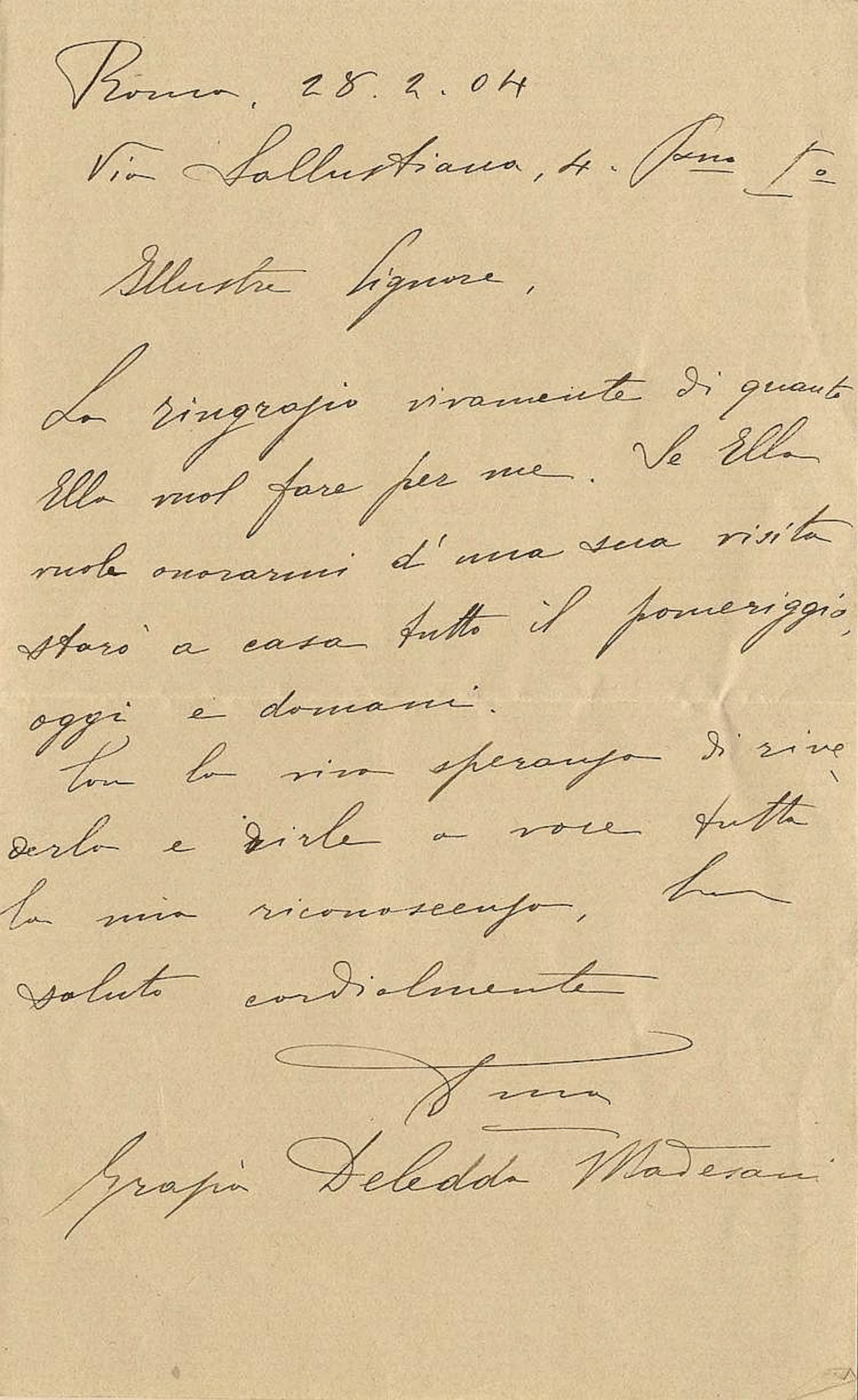 Deledda Grazia Lettera autografa firmata.