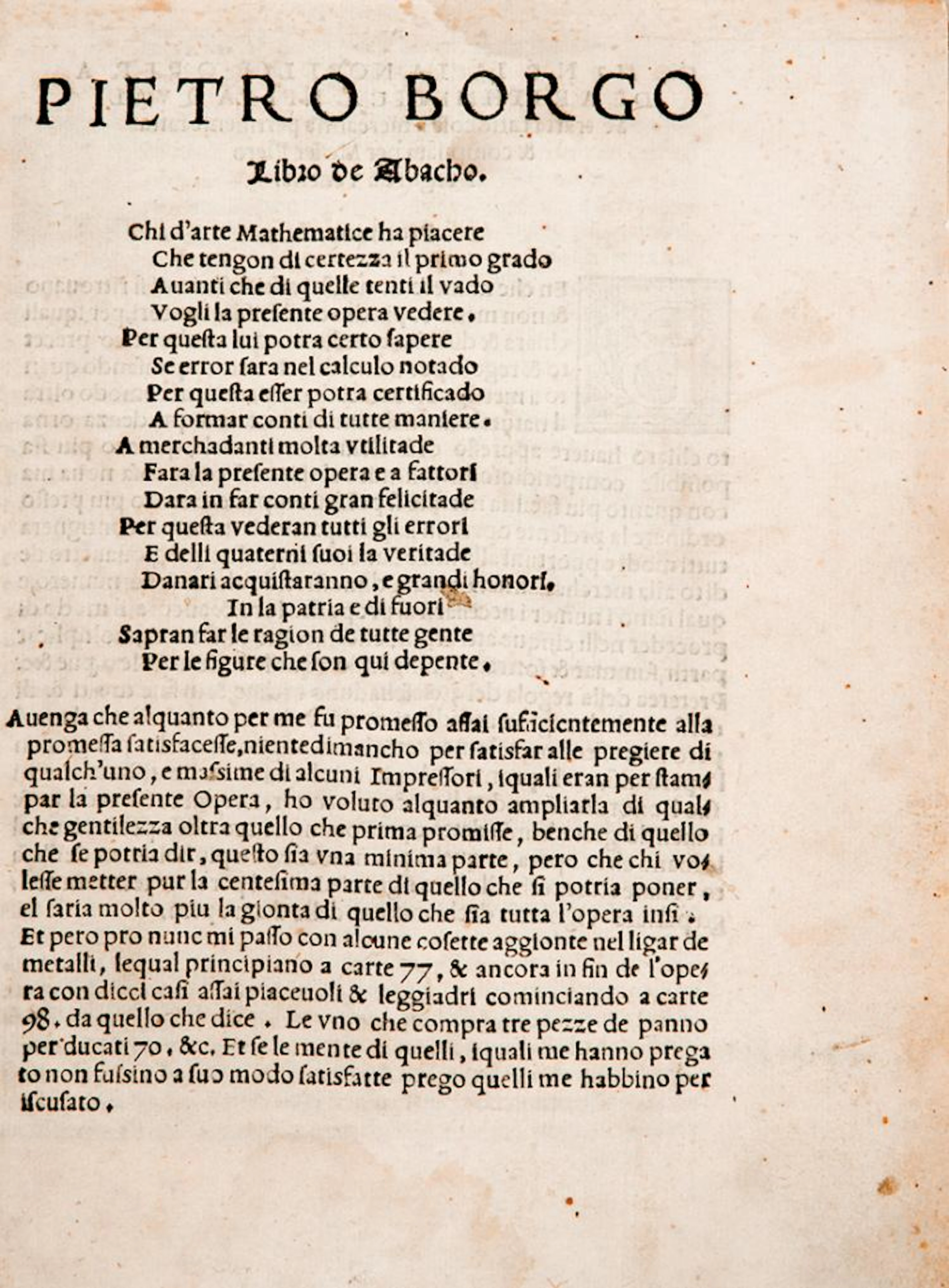 Borghi Pietro, Libro de Abacho. In Venetia: per Bernardino d