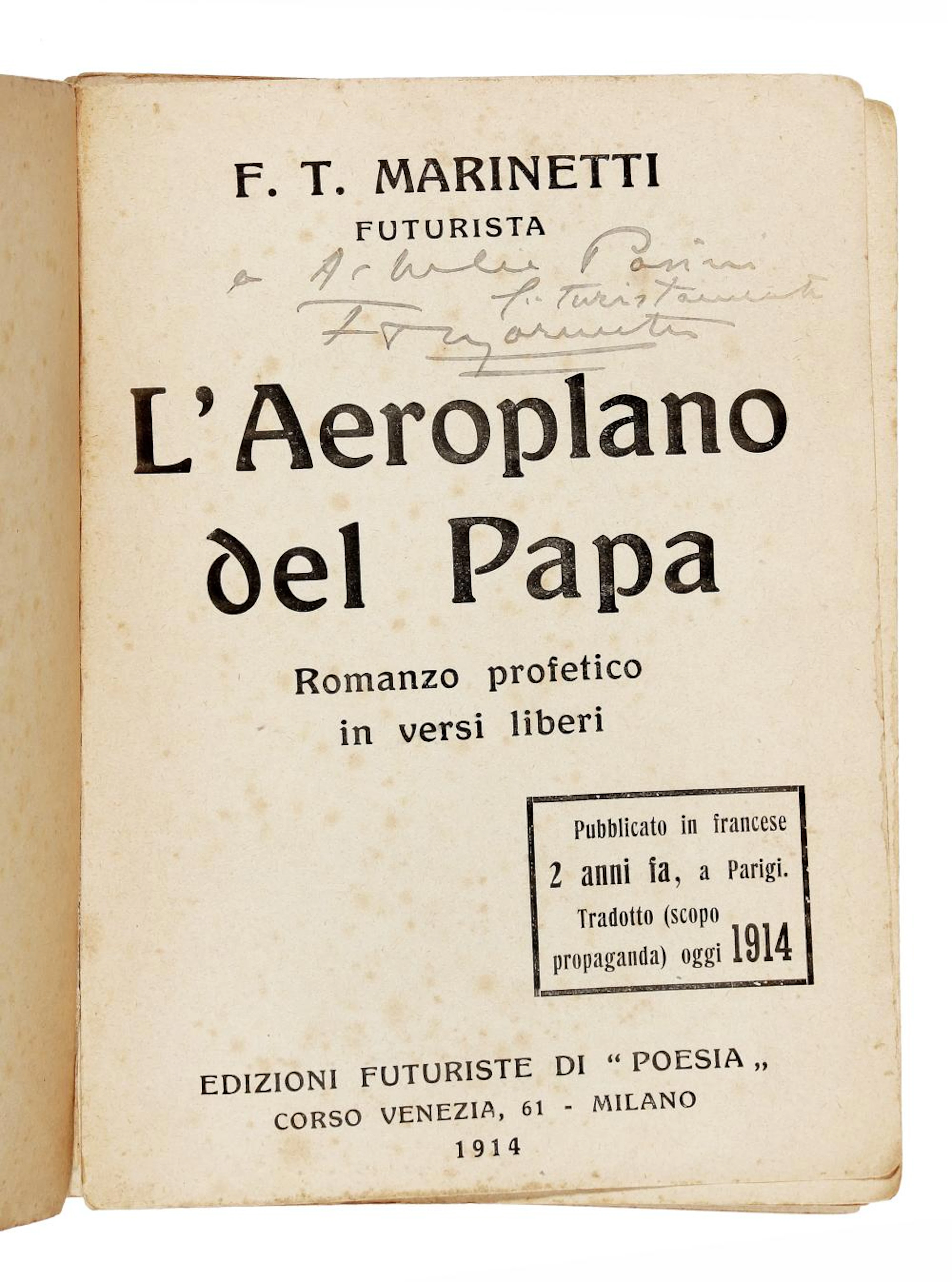 Marinetti Filippo Tommaso, Dedica autografa su libro L'aerop
