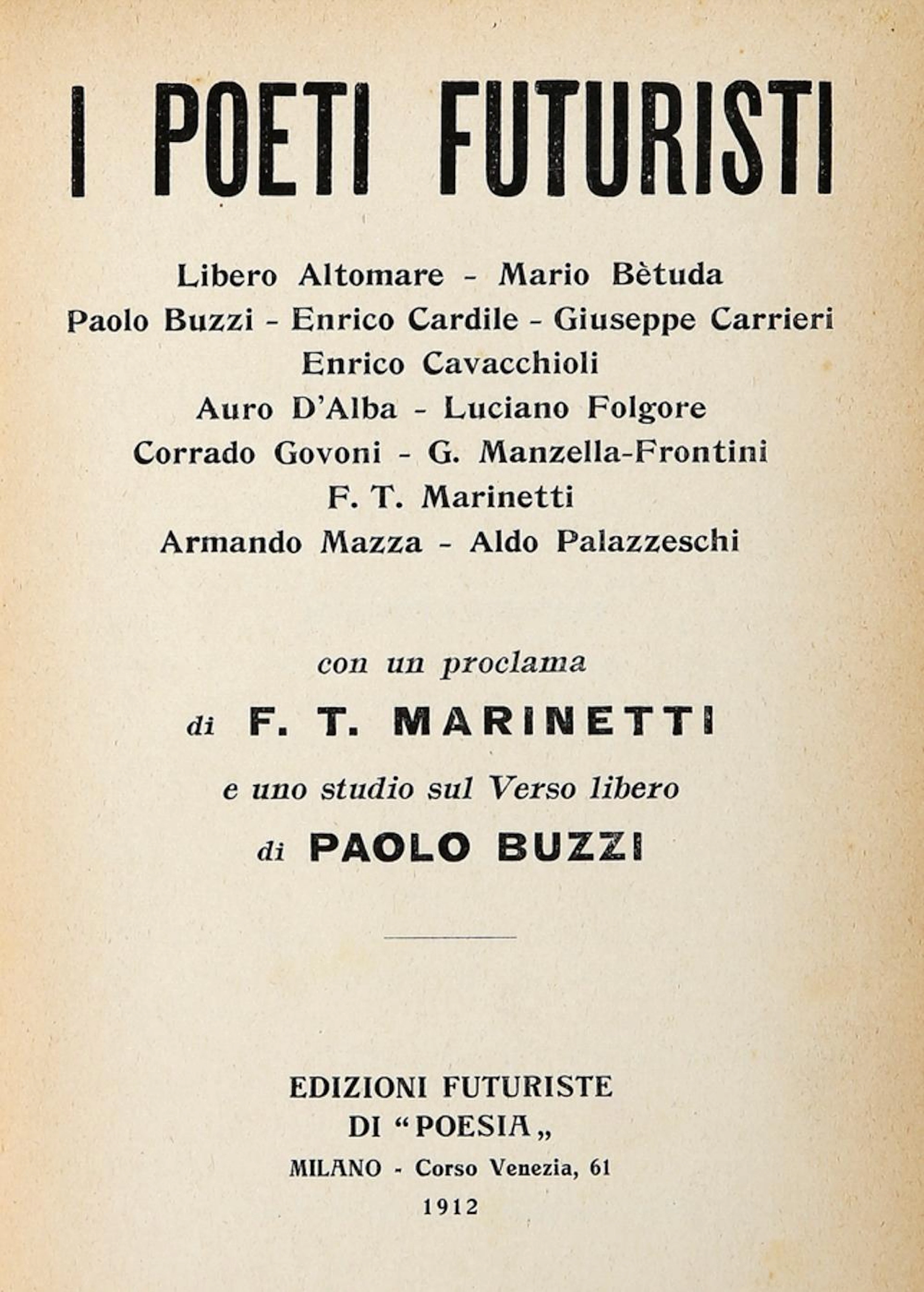 Marinetti Filippo Tommaso, Dedica autografa su libro 'I poet