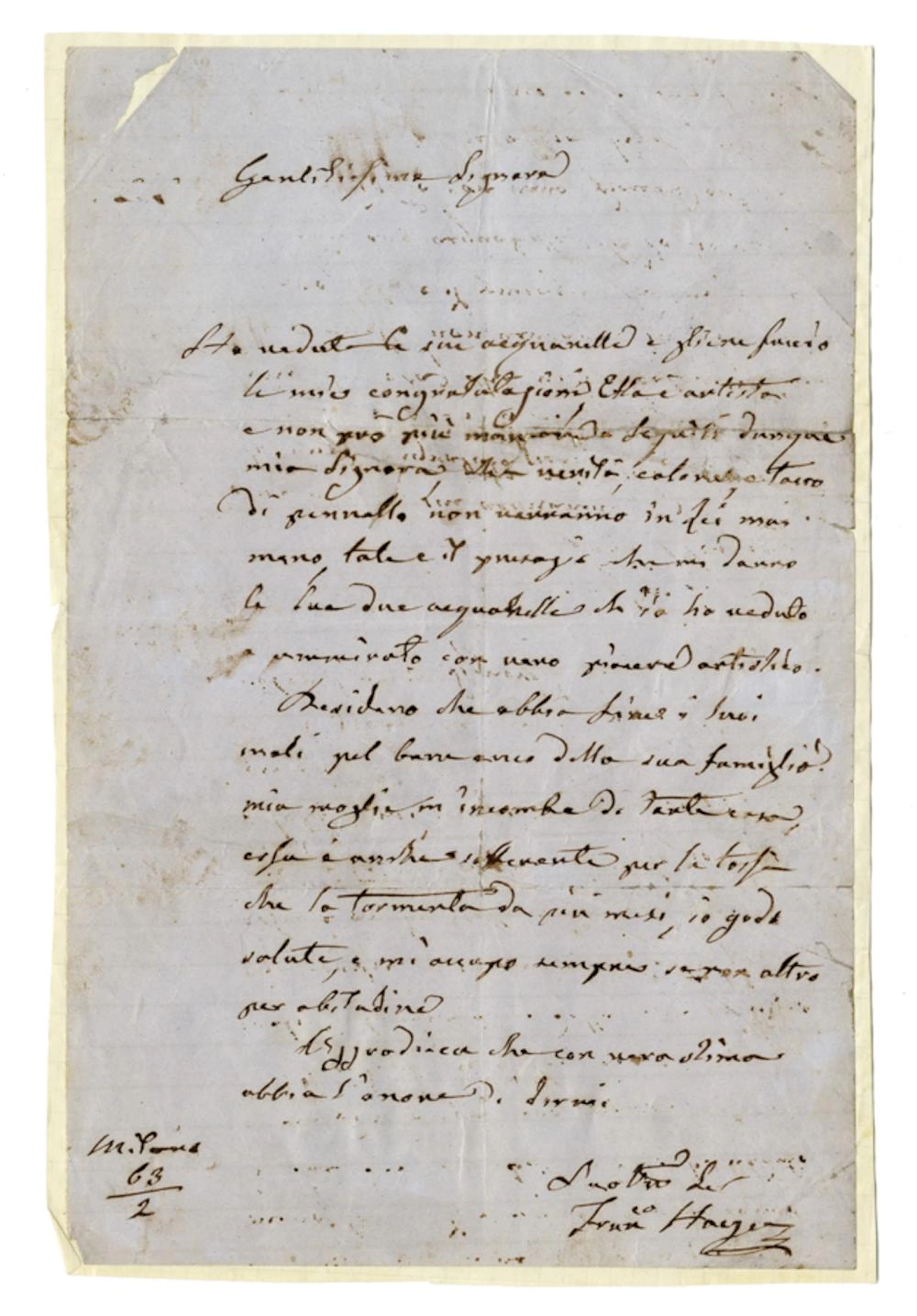 Hayez Francesco, Lettera autografa firmata. Datata febbraio 1863