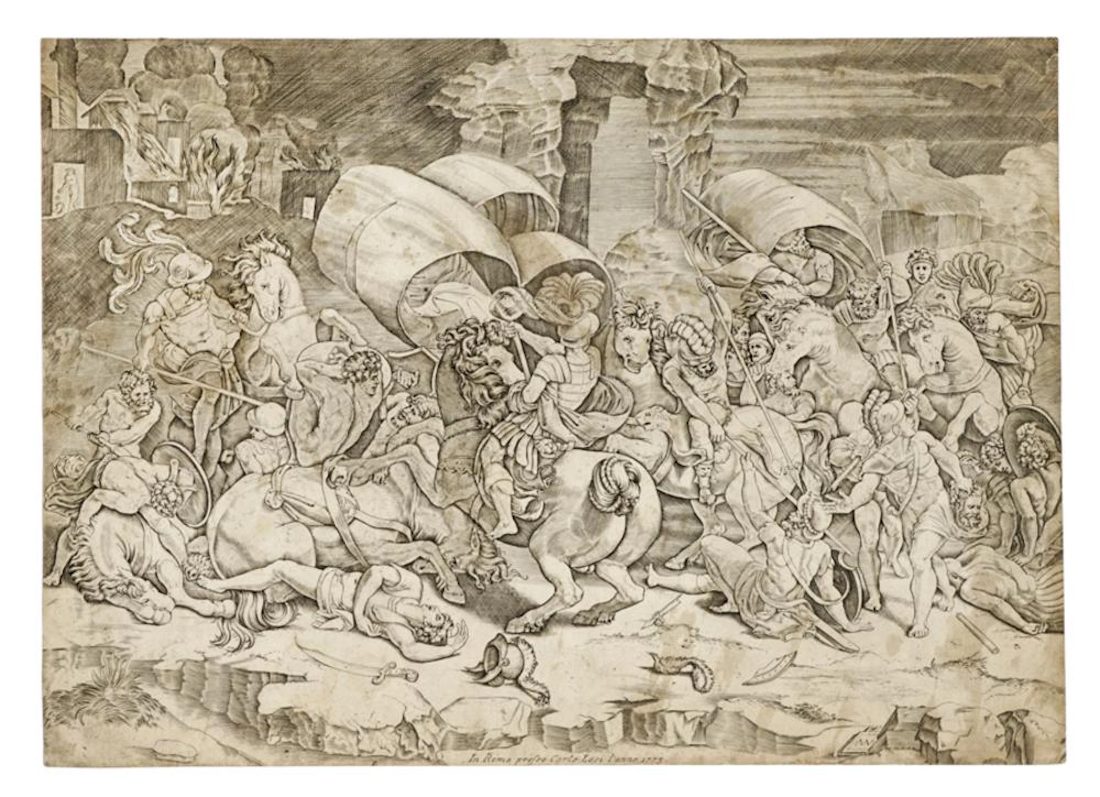Agostino Veneziano, Battaglia a scimitarra tra Romani e Cartaginesi. 1530-1531.